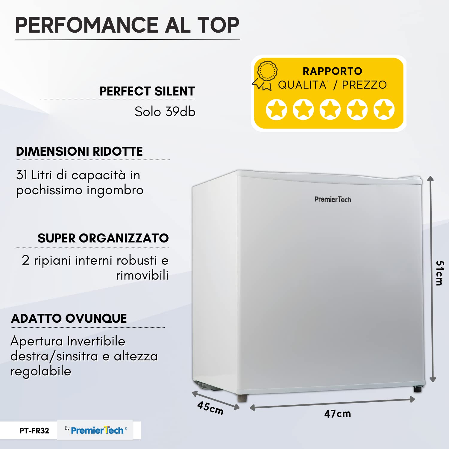 PremierTech Mini Congelatore Compatto, Mini Freezer Piccolo, 31 litri, -24 gradi, 4**** Stelle, Casa, Farmacia, Ufficio, Porta Reversibile, PT-FR32
