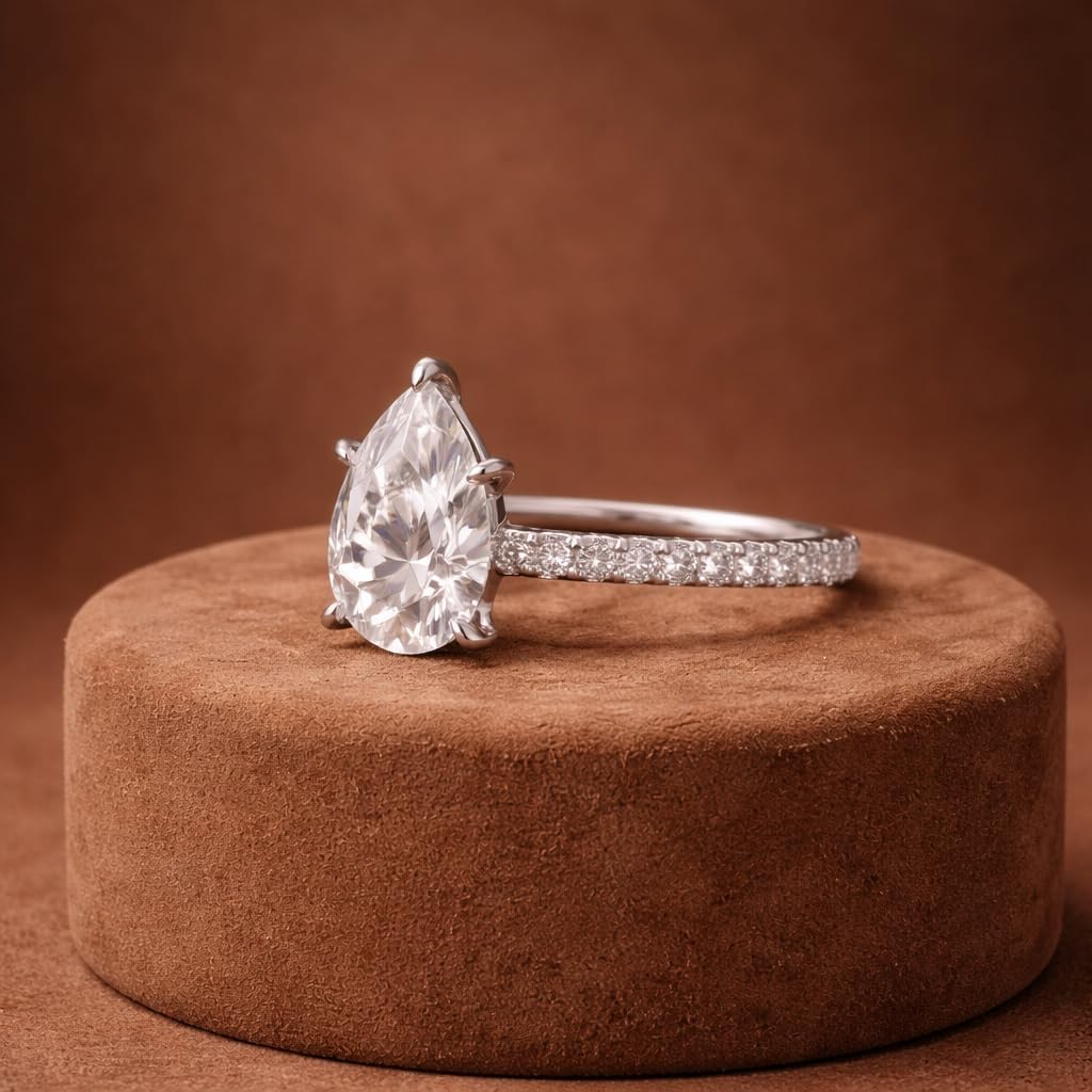 Pear Cut Moissanite Engagement Ring for Women 14k White Gold Pave Band Teardrop Bridal Ring Anniversary Promise Wedding Jewelry Gift for Her