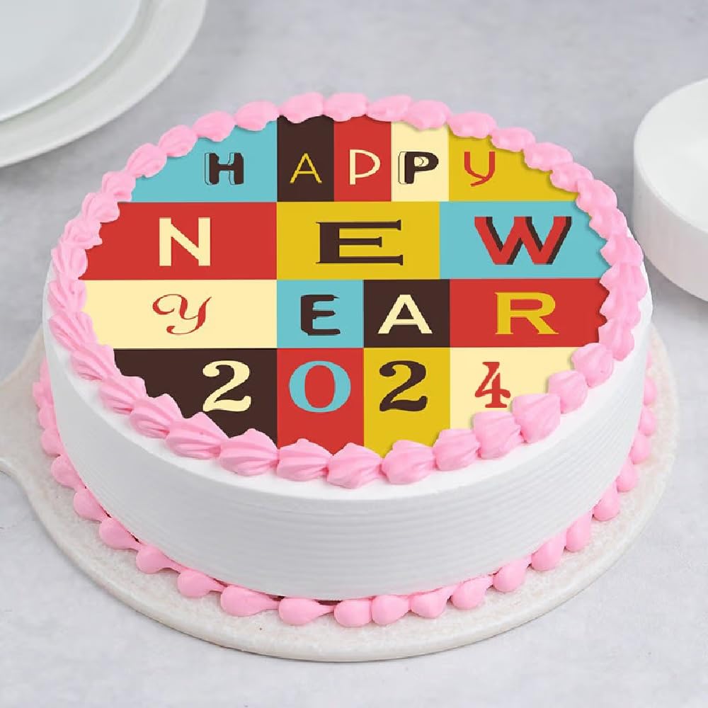 FlowerAura Delicious Silky Smooth Fresh New Year Colorful Theme Printed Yummy Vanilla Flavor New Year Cake Gift's For Friends, Relatives, Colleagues, Neighbours (Same Day Delivery) (1Kg)-image-38