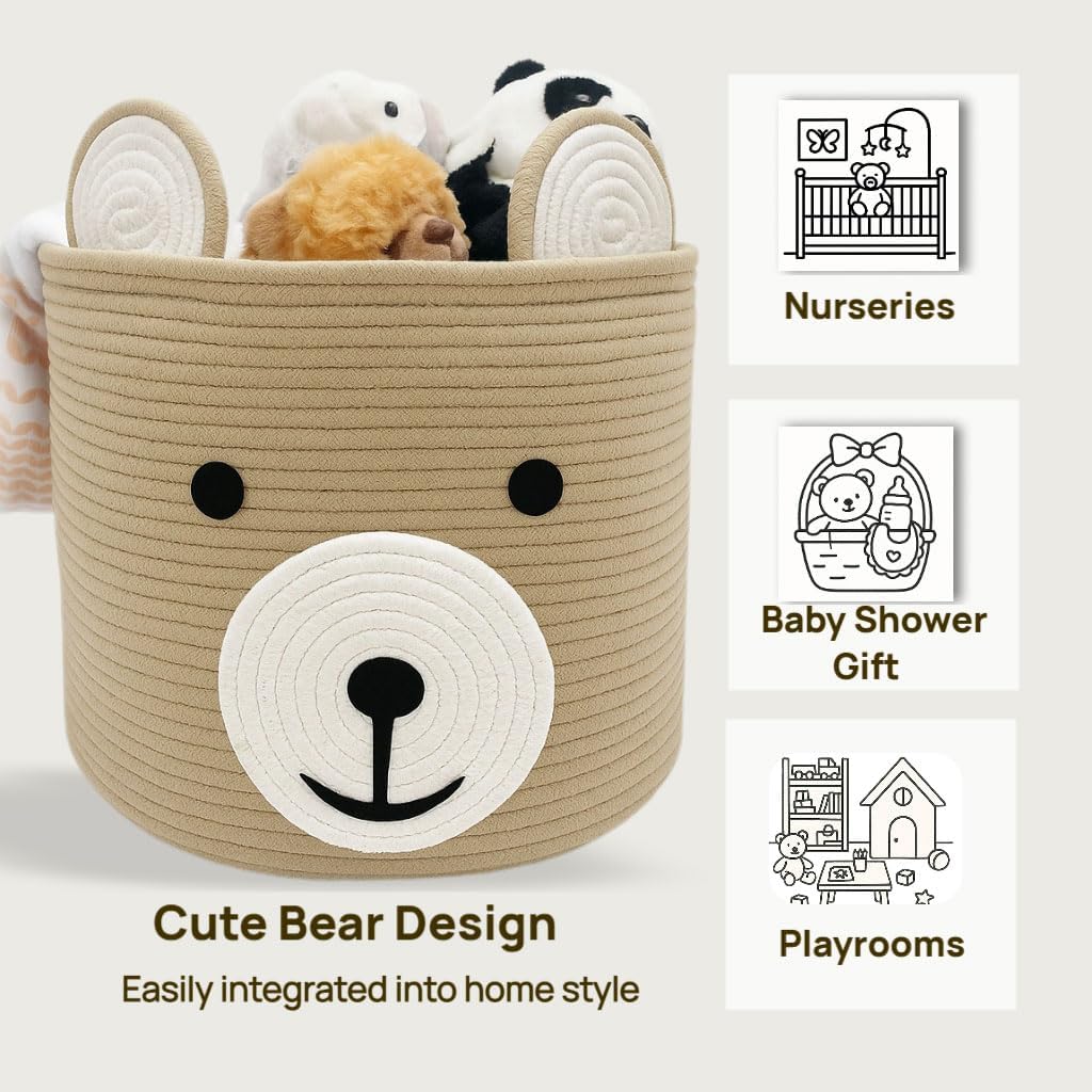 Baby Laundry Basket, Bear Basket, Baby Shower Baskets, Bear Gift Baskets for Kids, Nursery, Toy Storage, Cotton Rope Hamper with Handles (Light Brown, 15" D x 13" H)