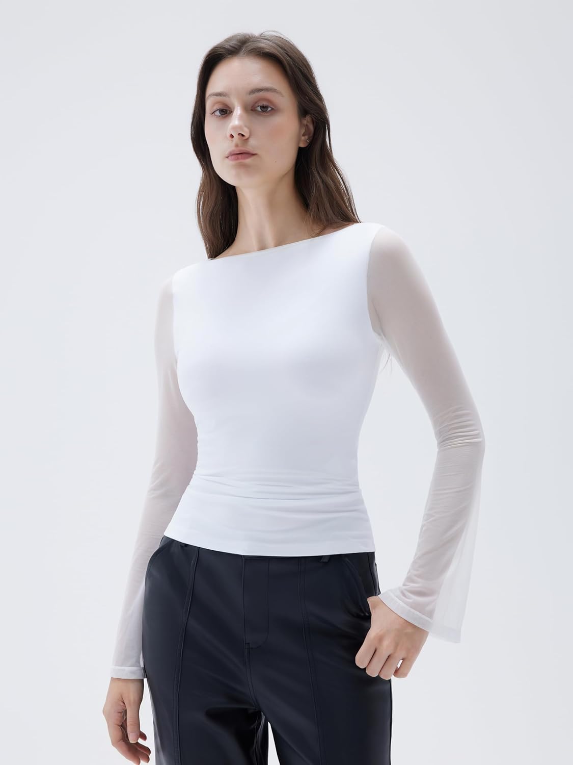 SUUKSESS Women Mesh Sheer Bell Sleeve Tops Double Lined Boat Neck Going Out Shirts - Image 3