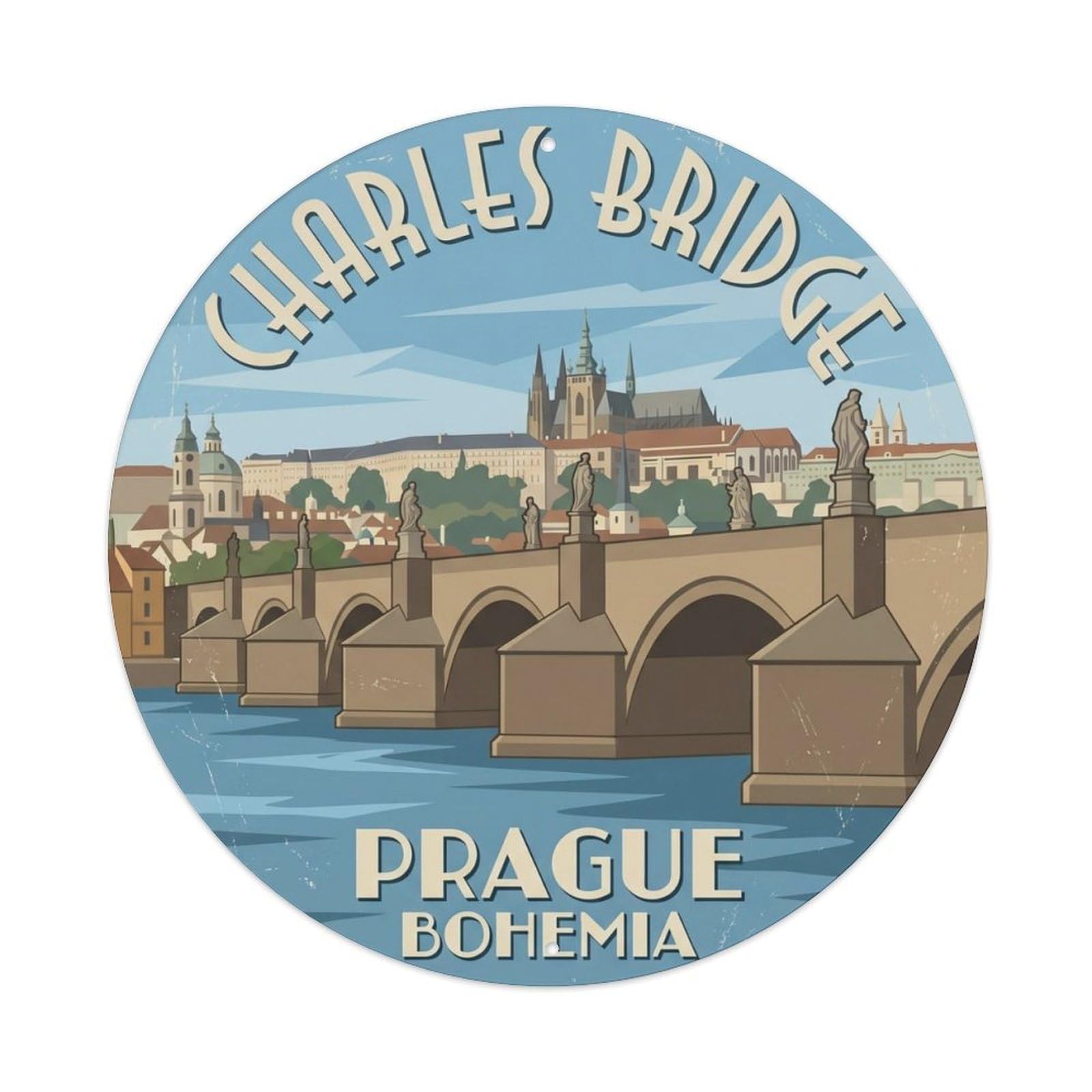 Charles Bridge Prague Bohemia Crossing Metal Tin Sign Plaque Wall Decor for Cafe, Club Bar, Office, Home Garden Round Metal Poster 8x8Inch
