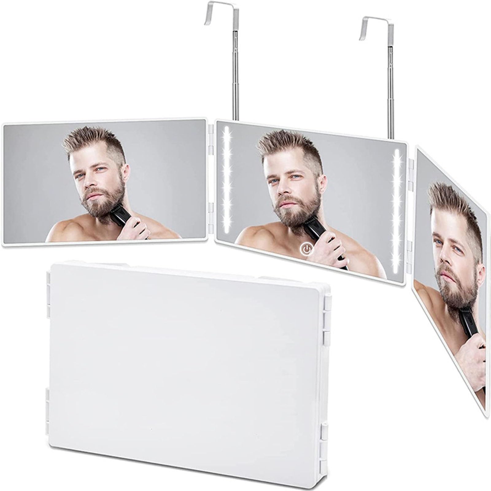 3 Way Mirror, 360 Mirror Self Cut Hair with Height Telescoping Hooks,Portable Trifold Barber Mirror for Makeup, Cut, Trim and Shave (Color : White)