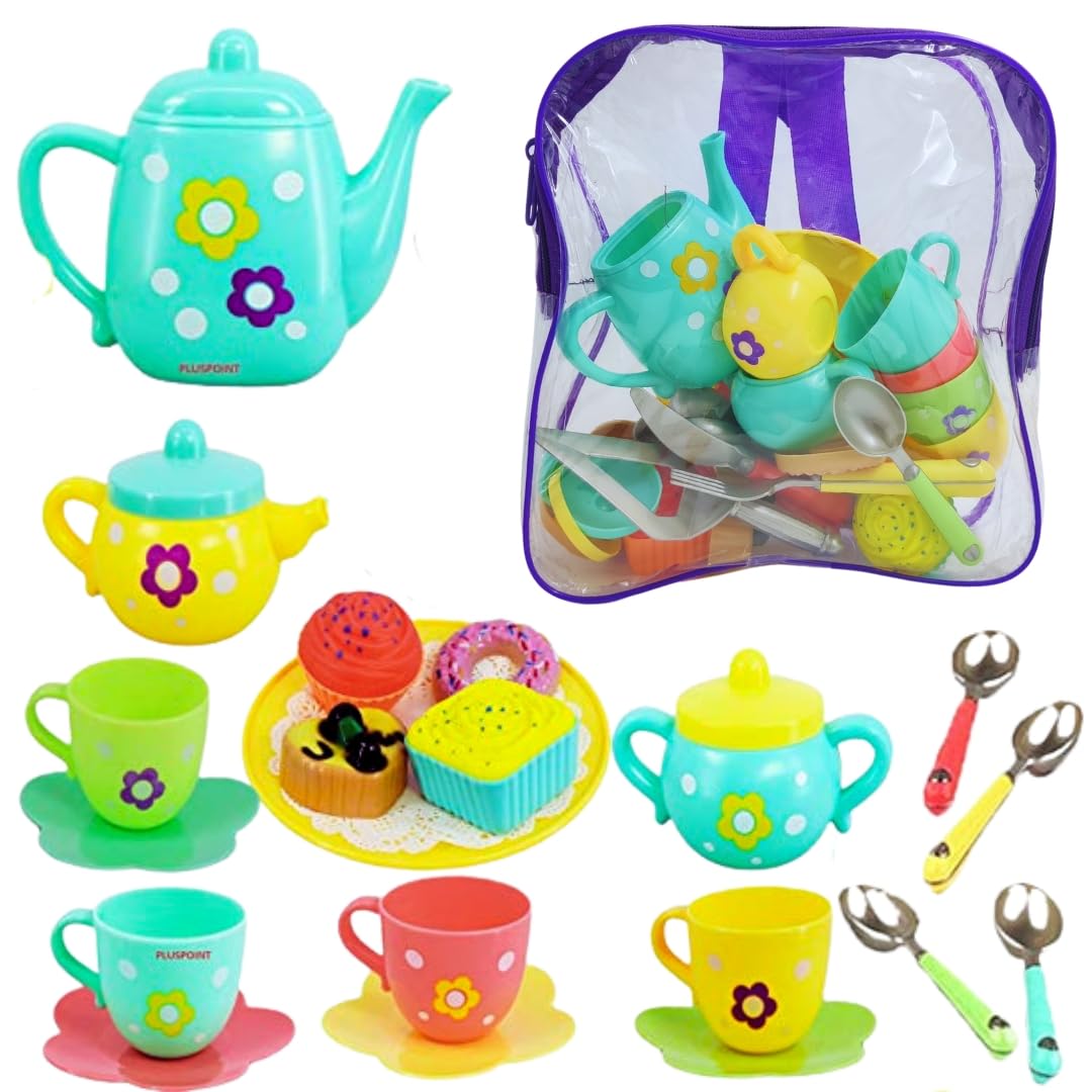 PLUSPOINT Tea Set with Bag Tea Party Pretend Playset for Kids, Teapot Play with Storage Bag Set Pretend Play Set Kitchen Toy Teapot Gift for Toddler Kids Children Boys Girls 3 Years Old (Tea Toys)