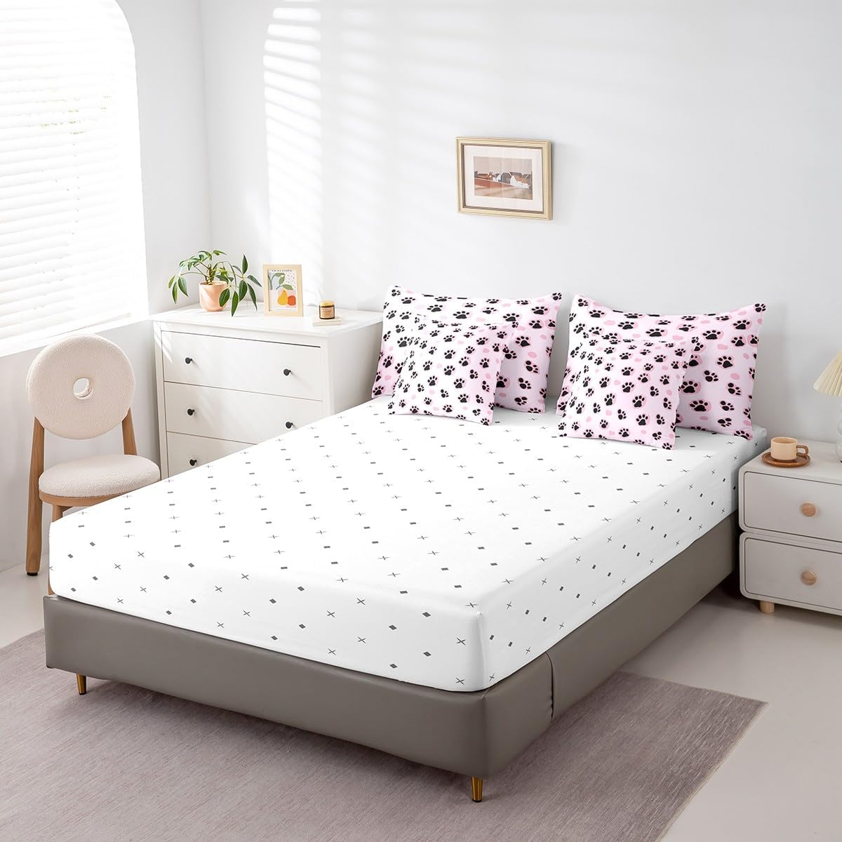 Feelyou Paw Print Comforter Set Twin Size - 7 Pieces Bed in a Bag Set, Pink Black Paw Bedding Sets with All Season Quilted Comforter, Flat Sheet, Fitted Sheet, Pillowcases, Pillow Covers