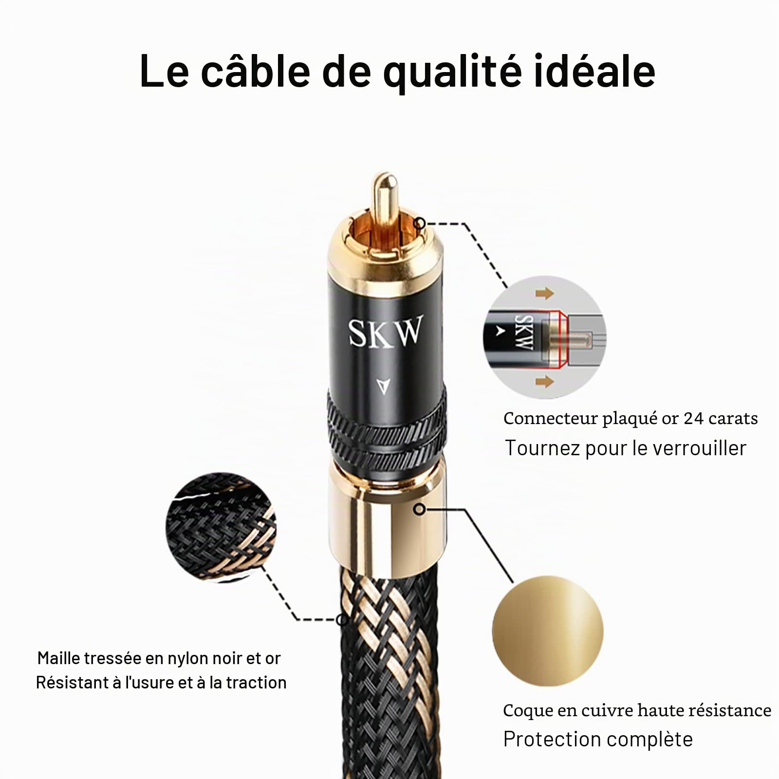 SKW RCA Câble coaxial numérique S/PDIF pour caisson de basses avec auto-verrouillage pour son surround stéréo 5.1, amplificateur, chaîne Hifi, OD : 8 mm – 1 m