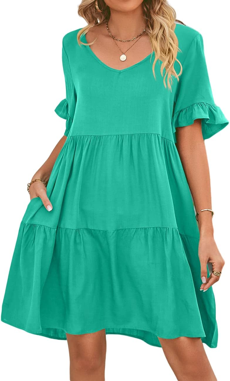 Size XXL AHAIJ Womens 2023 Summer Casual V Neck Babydoll Dress Short Sleeve Tiered Ruffle Pockets Plain Flowy Swing Mini Dress