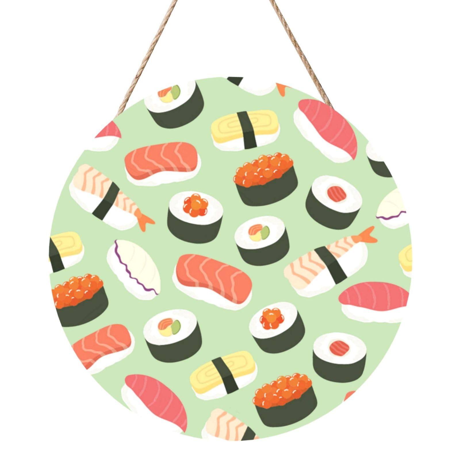 InOmak Sushi On Green Printed, Round Wood Panel Painting 12 in, Wall Hanging Painting For Home