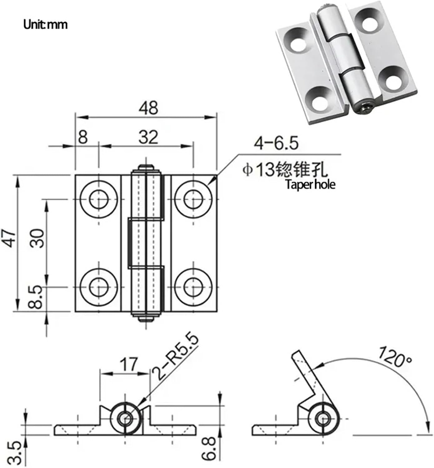 Aluminum Alloy 120 Degree Limit Hinge Industrial Machinery Equipment Hardware 1Pcs(Small)