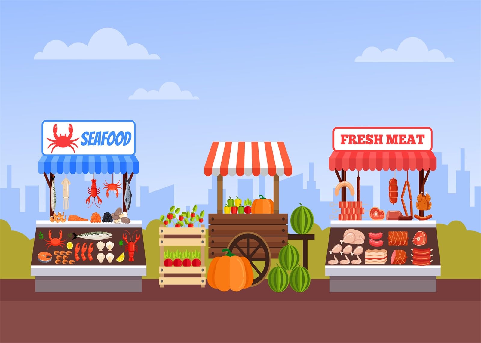 BELECO 3.6x2.5m Sfondo Tessuto Mercato-Cibo-Strada | Mercato contadino, frutta, verdura, banchi carne pesce sfondo, decorazione festa mercato agricolo telo di sfondo