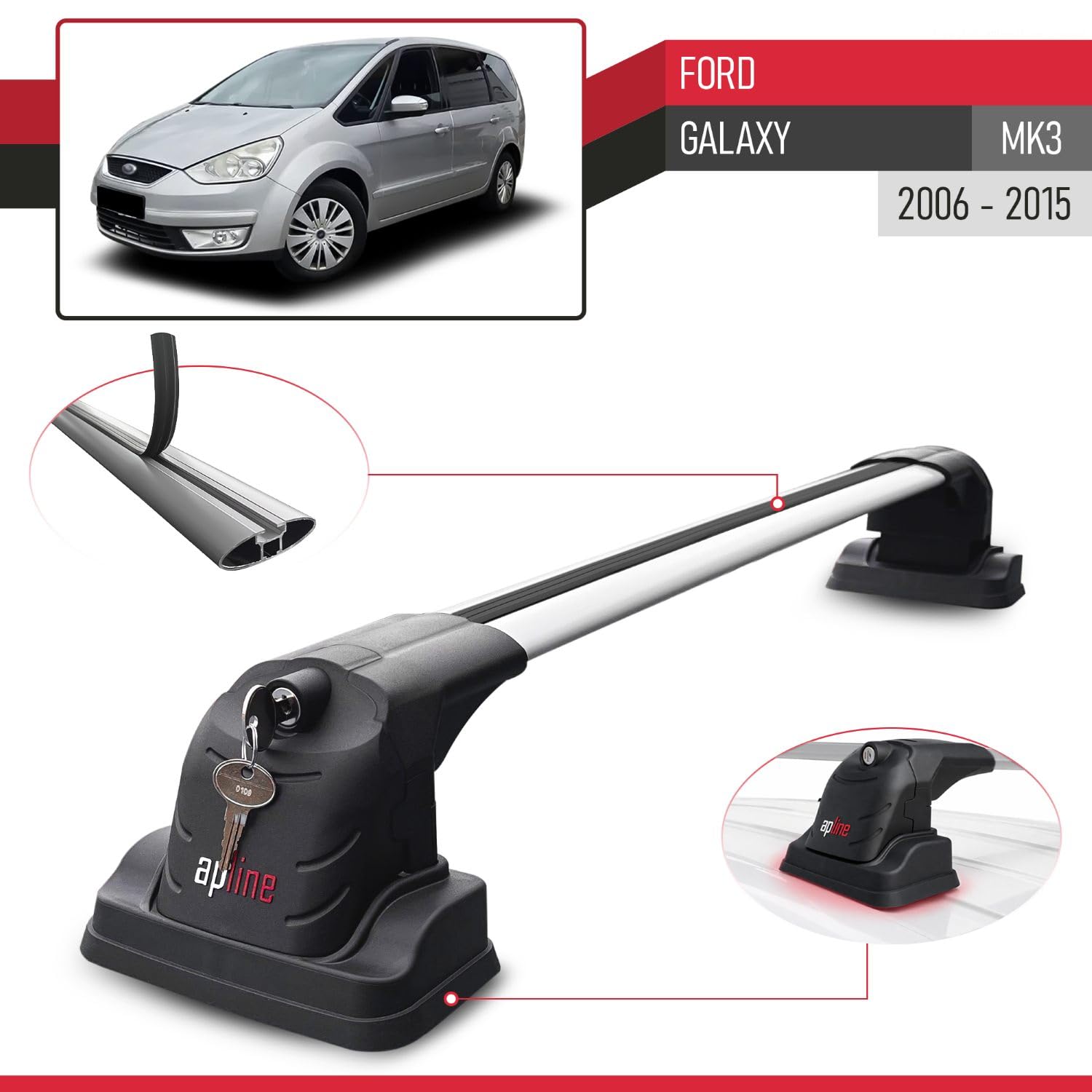 Kompatybilny z Ford Galaxy (MK3) 2006-2015 ACE-3 Model Aluminiowy bagażnik dachowy 2 poprzeczki, szary