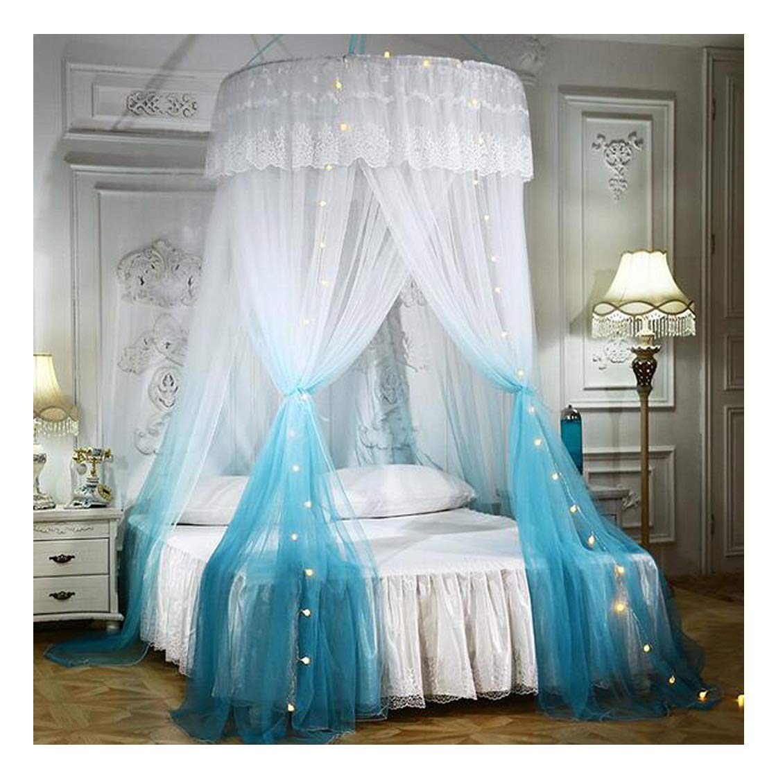Large Romantic Princess Dome Mosquito Net Color Gradient Lace Dome Bed Canopy Nets Hanging Curtains for Double/Single/King Size Bed Adult Bedroom Kids Rooms Wedding Rooms (Blue)