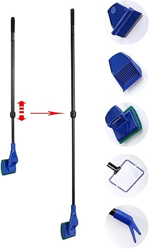 Kit de limpieza 5 en 1 para acuario/pecera, raspador de algas, red de pescado, esponja, tenedor de plantas, rastrillo de grava, longitud ajustable