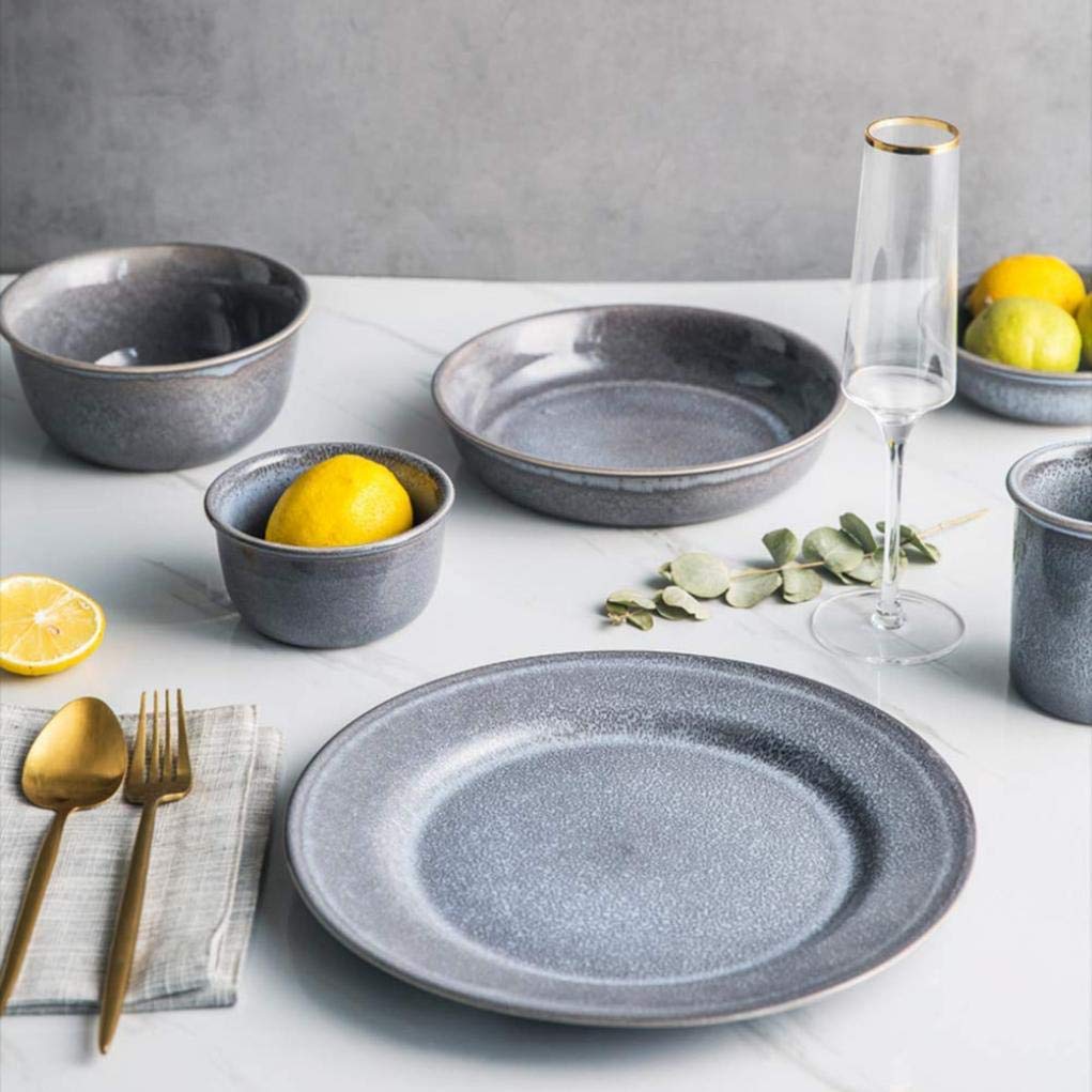 Set da tavola, Set da tavola da 6 Pezzi, Set da tavola in Ceramica Blu retrò, Piatti, Ciotole, Tazze, Servizio per 1 Persona(