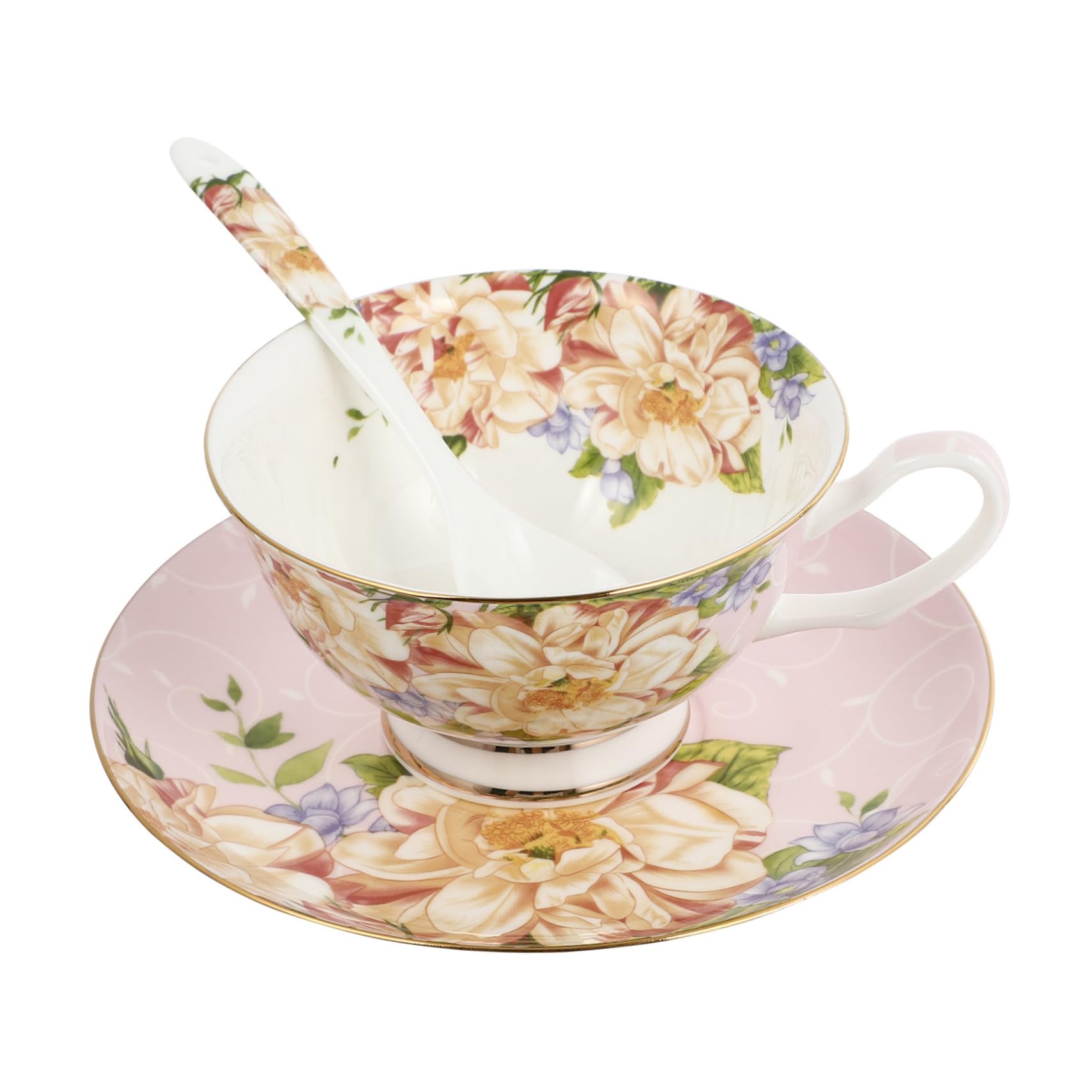 Porzellan Kaffee Und Teetasse Mit Untertasse Löffel Blumenmuster Pink Innen Für Haushalt Büro Café Geschenkset