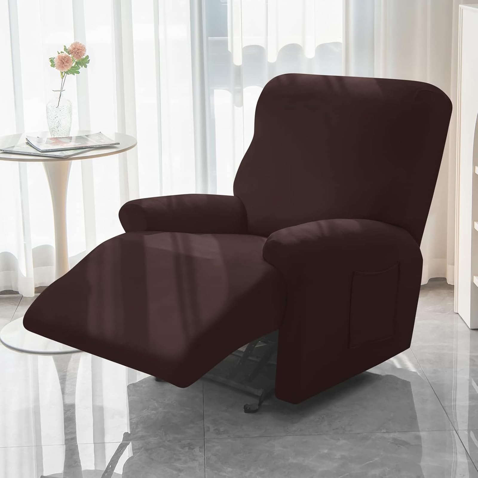 Leorate 2 Seater Reclining Chair Covers Stretch Armchair Covers with Pocket Decoration Spandex Fabric Recliner Sofa Slipcovers for Living Bedroom Home (Coffee)