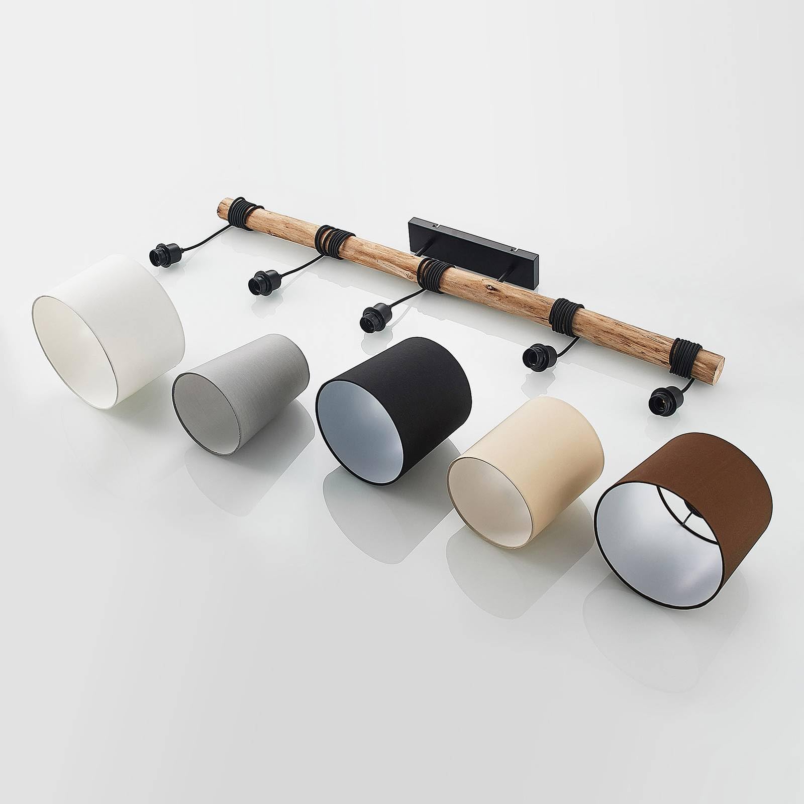 Lindby Esstisch Pendelleuchte Holz, Textil Balkenpendelleuchte Holzast und Stoff Lampenschirm Hängelampe Lampe Wohnzimmer 5x E27 ohne Leuchtmittel