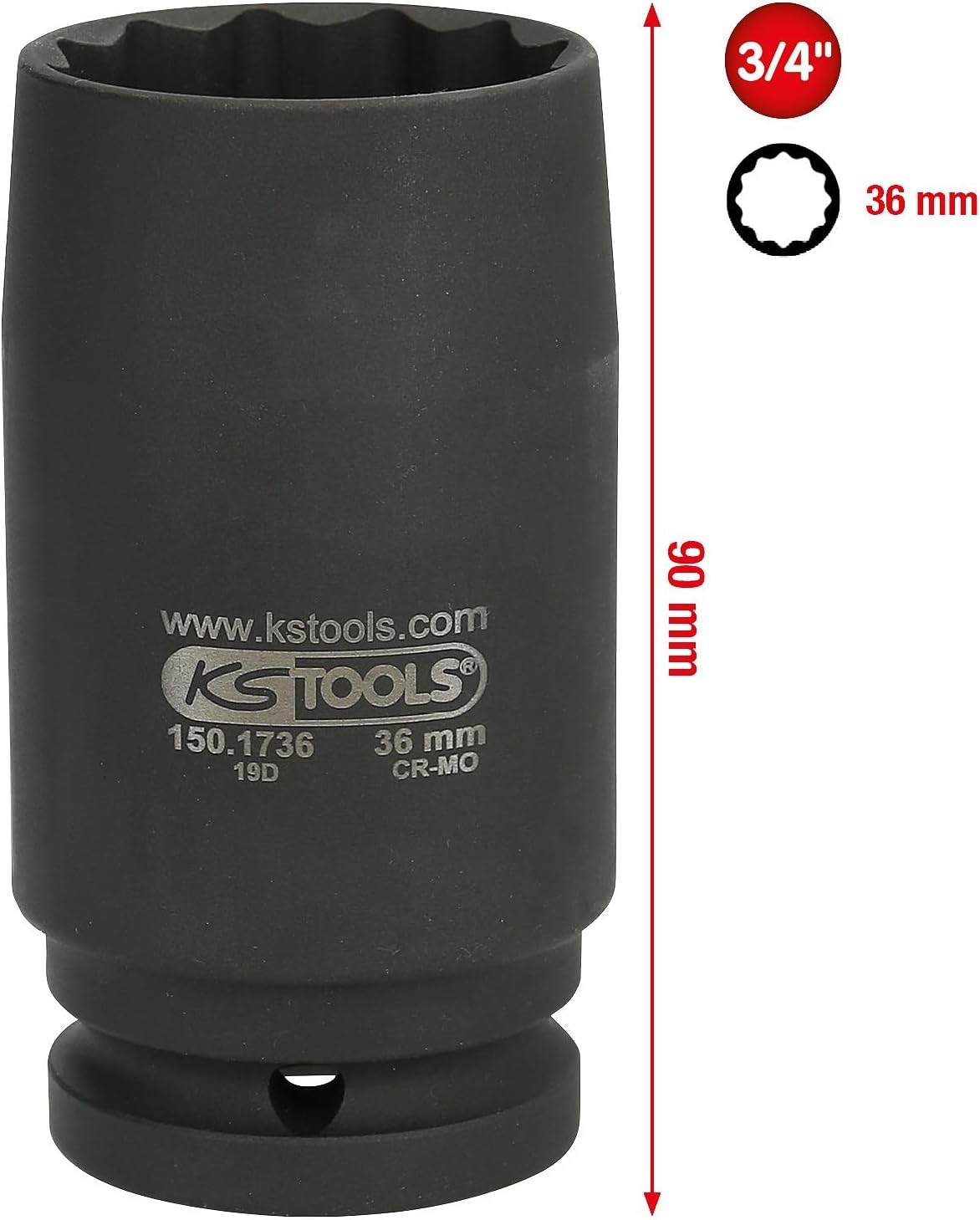 KS Tools 150.1736 Antriebswellen-Kraftstecknuss, 12-kant, 3/4 Zoll, dünnwandig, 36mm Drive Shaft Impact Socket Point 3/4 Inch Thin-Walled 36 mm