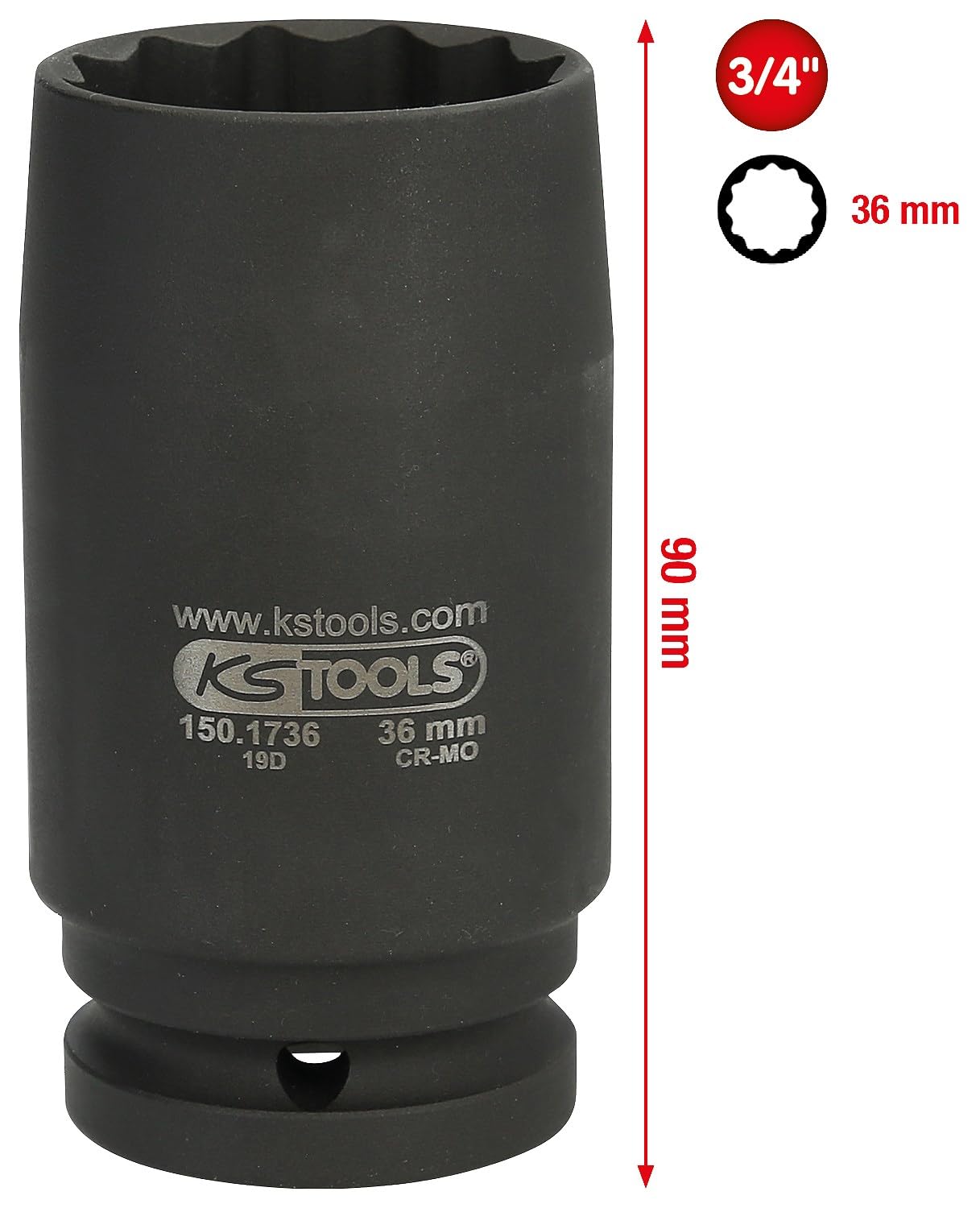 KS Tools 150.1736 3/4" bussola per avvitatore a impulsi per albero motore dodecagonale, a parete sottile, 36 mm
