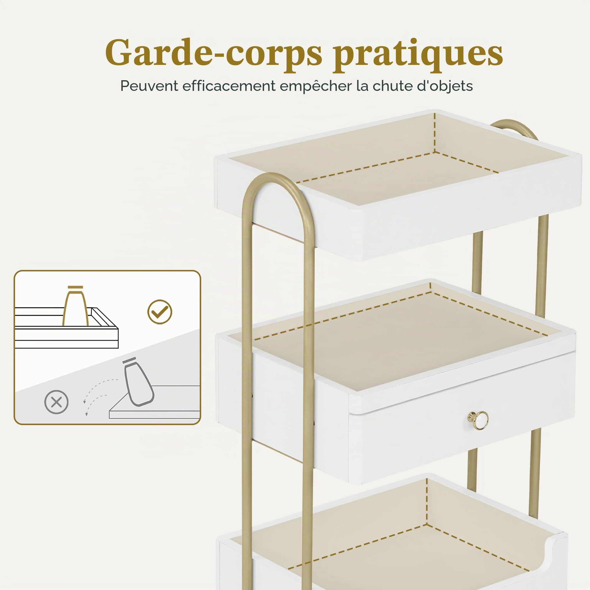 Barberpub Servante à roulettes & tiroir, Coiffeur Blanc-doré, Salon avec 3 étagères, servante Moderne pour Salle de Bain Salon, 37x51x87cm, 0093