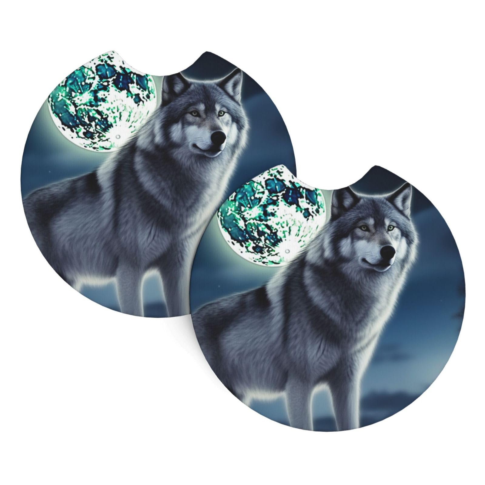 2 Pack Car Coaster for Cup Holders Wolf Under Moon Car Cup Coaster 2.7" Neoprene Non-Slip Automotive Cup Mat Universal Auto Car Interior Accessories for Women Men Cup Pad