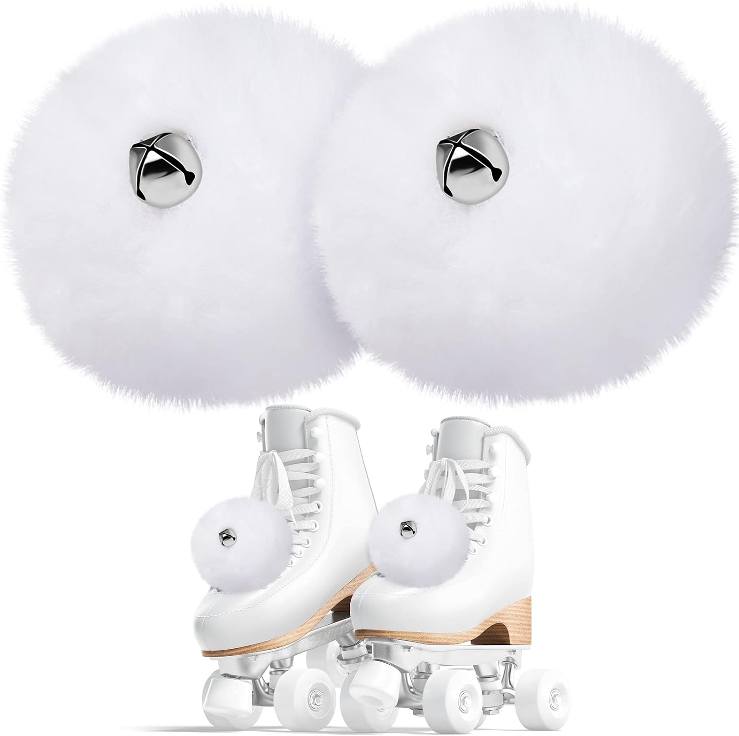 Sumind 2 Pieces Roller Skate Pom Poms with Bells for Women Girls Princess Fluffy Tie on Fuzzy Pompom Puff Balls for Quad Roller Skate Accessories(8 cm,White)