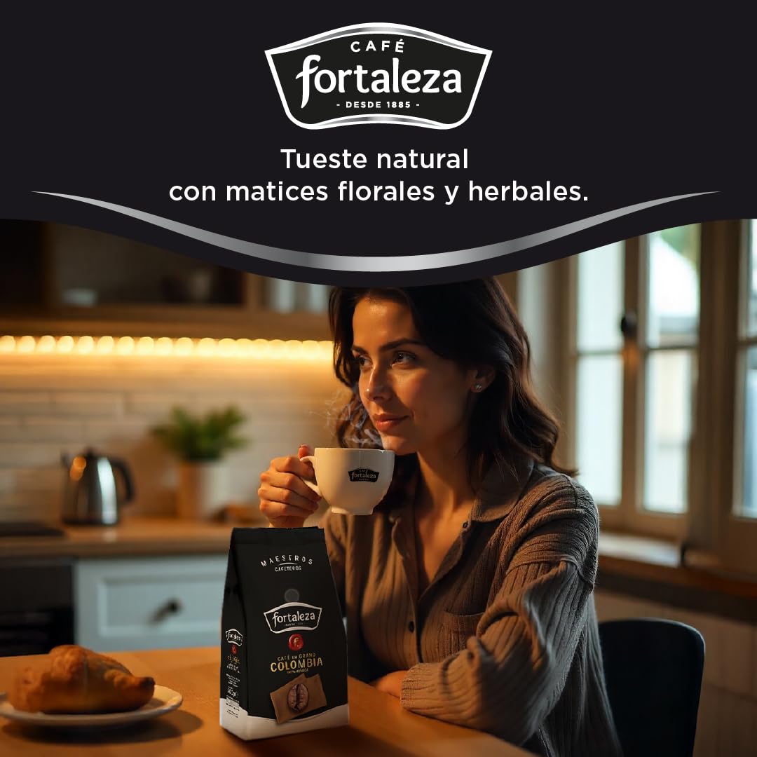 CAFÉ FORTALEZA Café en Grano Colombia 500g x 6 - Total 3KG - Uno de los Orígenes más populares, de variedad 100% Arábica. Café de exquisita suavidad y aroma incomparable.