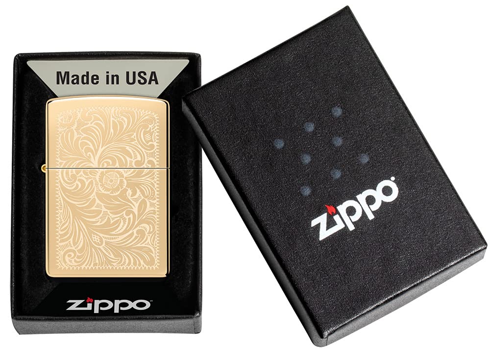 Zippo Encendedor a Prueba de Viento - Modelo Venetian - Acabado de Latón Pulido Brillante - Lustroso - Recargable - Reutilizable - Diseño a Prueba de Viento - Caja de Regalo - Hecho en EEUU