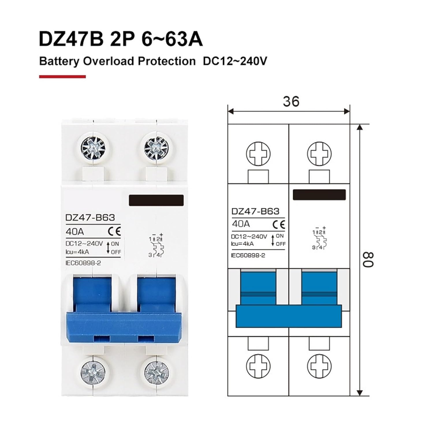 DZ47B Miniature Circuit Breaker DC 12V 24V 36V 48V DC MCB Battery Car Protector 6A-150A Air Switch Din Rail Mount(2 Pole,150A)