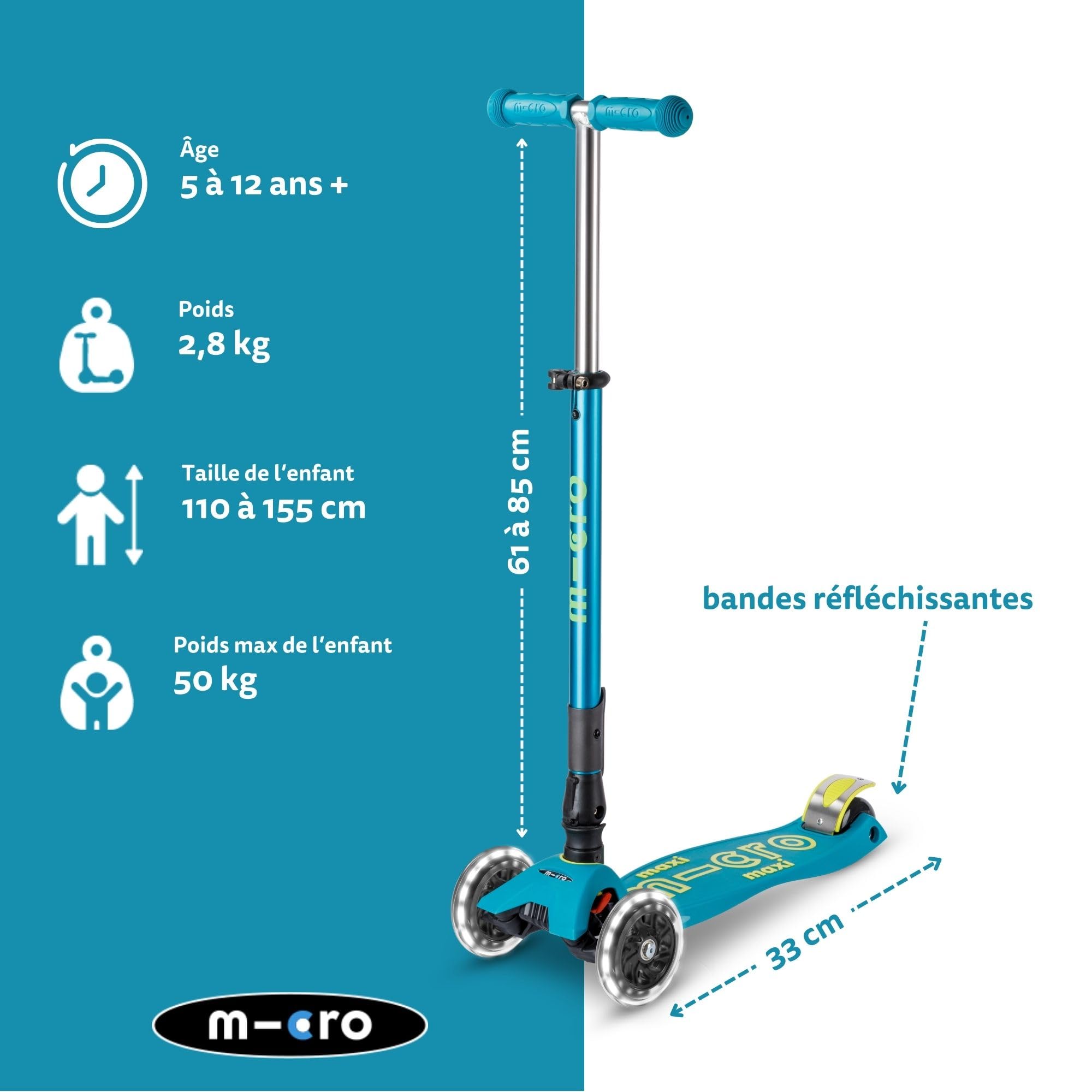 Micro, Maxi Micro Deluxe Pliable LED, Trottinette Enfant 3 Roues, 5-12 Ans | Direction souple par transfert de poids, Guidon réglable au millimètre, Légère, Roues PU LED à induction, Swiss Design