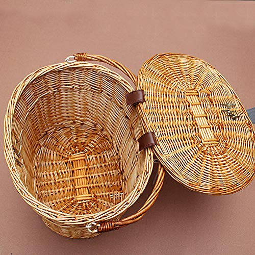 Cesta de mimbre para bicicleta rústica con tapa, ajuste universal, material duradero, varillas de montaje rápido, estilo único, adecuado para todas las bicicletas de adultos