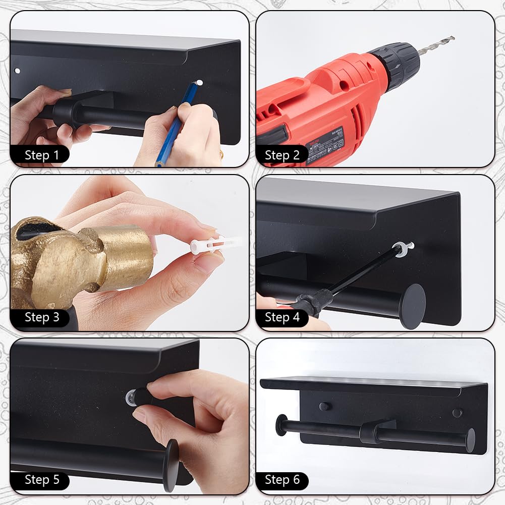 UNICRAFTALE Portarrollos de papel higiénico doble de acero inoxidable 201 negro con estante, para organización de baño, ideal para hogares y hoteles, 270 x 105 x 90 mm