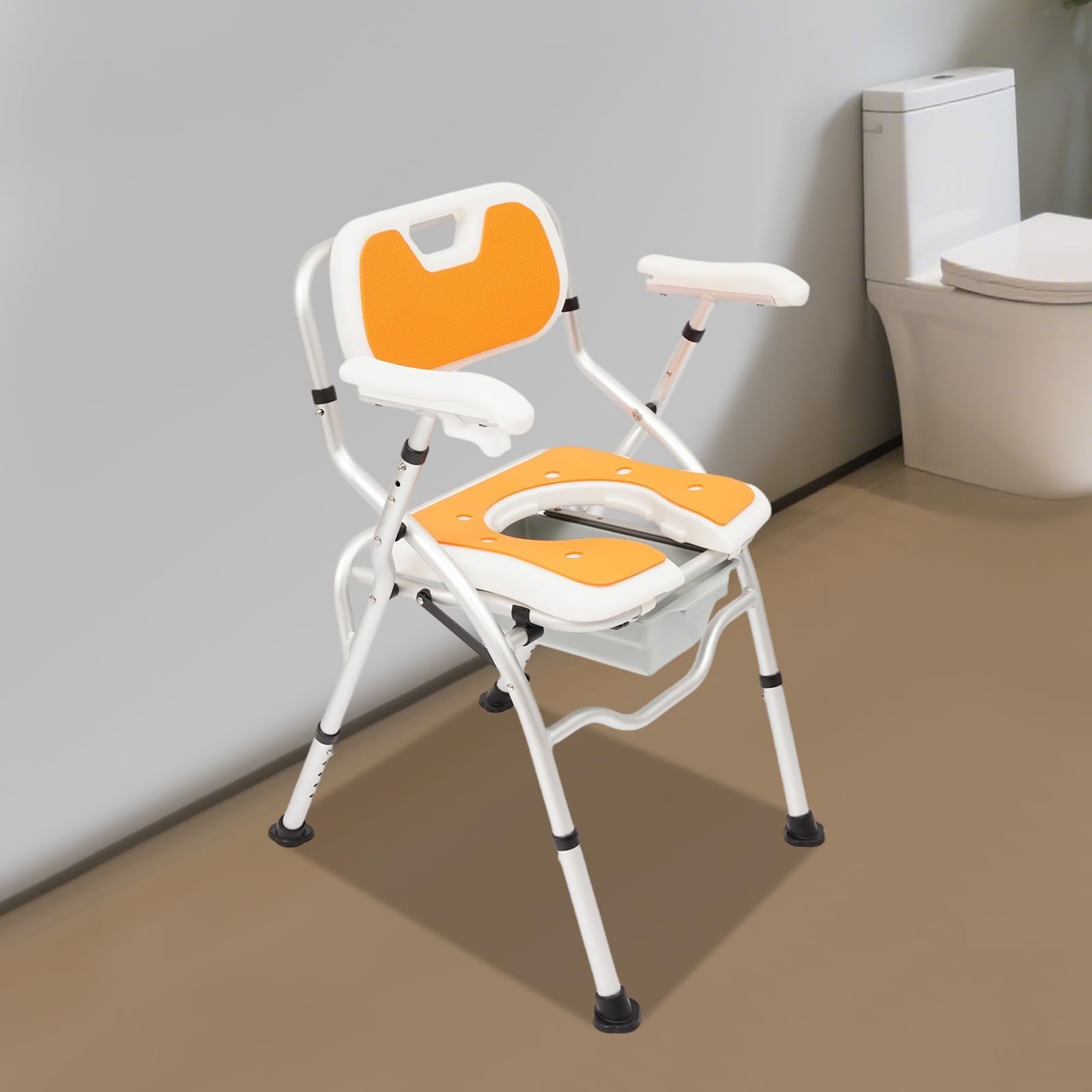 Sedie da doccia con braccioli e schienale, sedia pieghevole per WC e doccia con contenitore per urina, colore arancione, sgabello da bagno da 150 kg, altezza regolabile da 42 a 47 cm, cassettiera per