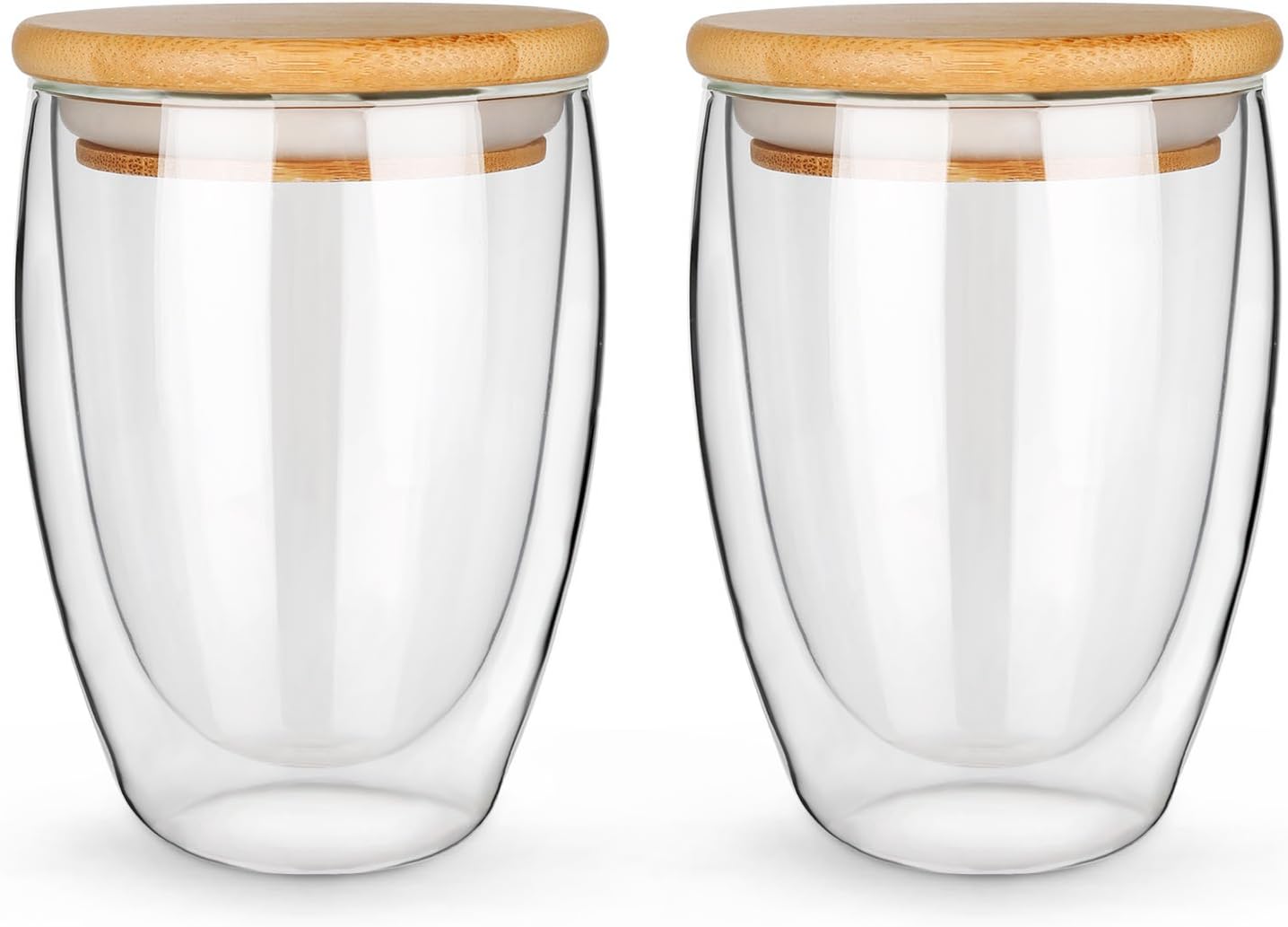 Glass Mug Set of 2, 12 Ounces Each, Double Wall Insulated Drinking Cup with Bamboo Lid, Also Good as Tea, Coffee and Wine Cups. Keeps Warm and Cold Drinks Longer. Comfortable to Touch