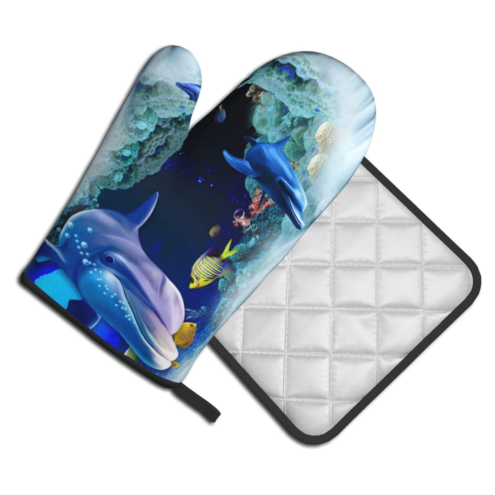 Oven Mitts and Pot Holders Set of 2 Pcs, Dolphin Printed Heat Resistant Kitchen Gloves Potholders for Cooking Baking Grilling
