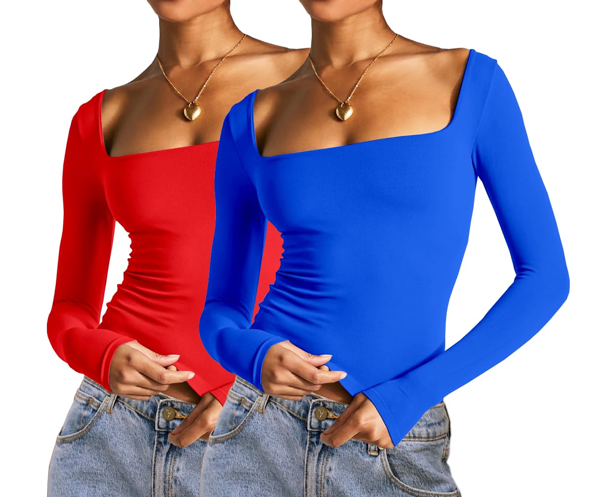 Photo 1 of Abardsion 2 Piece Square Neck Tops for Women Slim Fit Double Layer Fall Long Sleeve Crop Top T Shirts Small Royal Blue,red