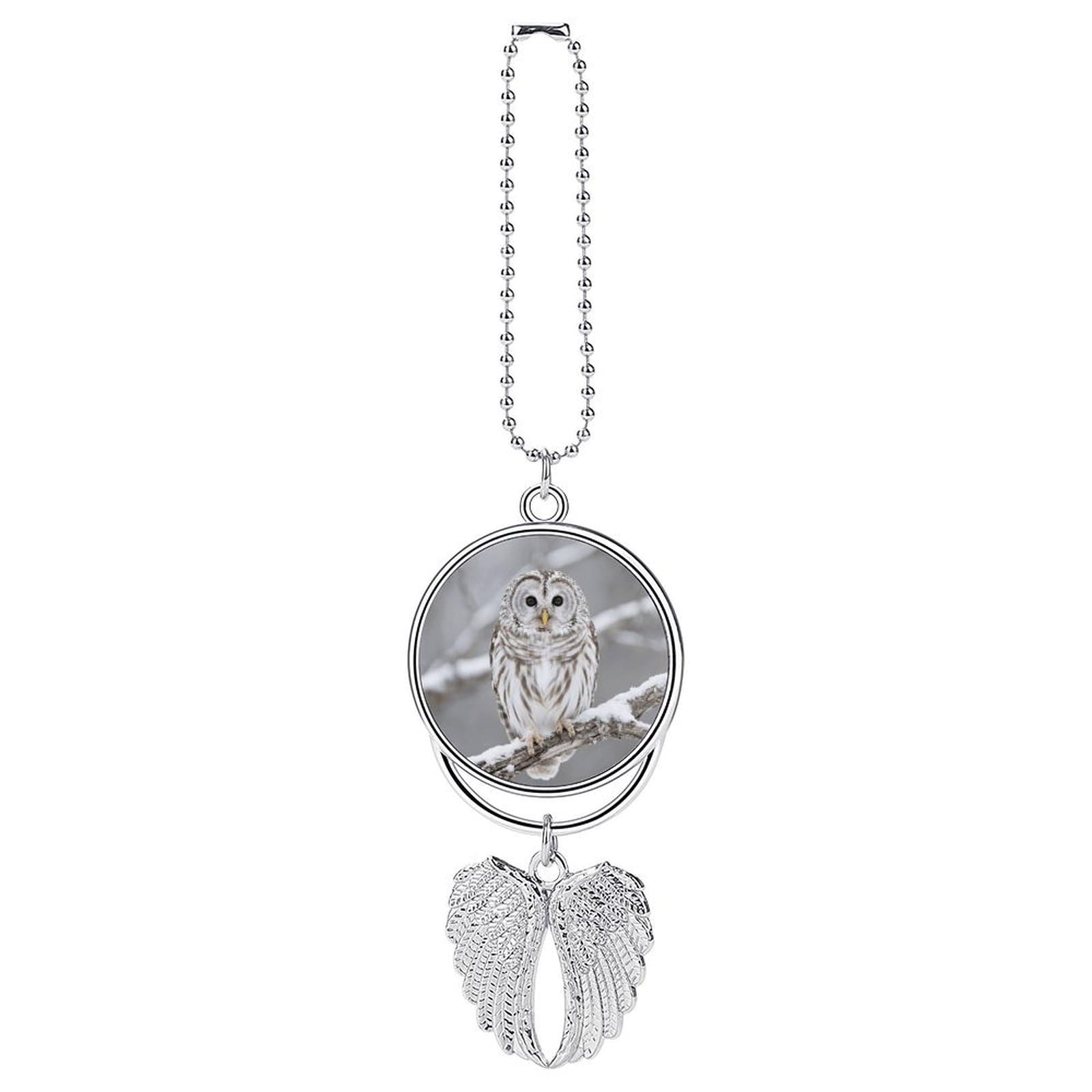 Curious Barred Owl Closeup Guardian Angel Wing Car Ornament for Mirror, Zinc Alloy Hanging Charm with Spiritual Design for Protection, Rearview Mirror Accessory Decor Gift for Women Men(Silver)