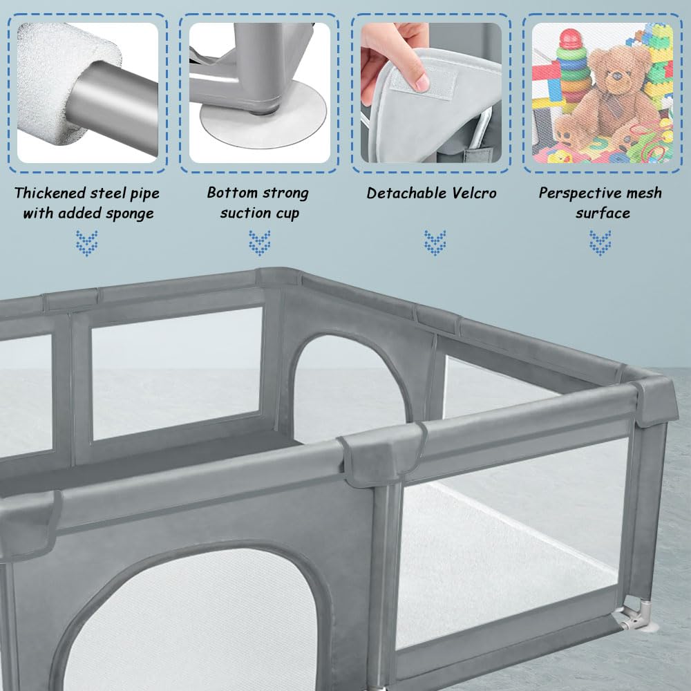 Parque para bebés, parque de juegos para interior y exterior, tejido Oxford, malla transpirable visible, con bolsa de almacenamiento, 50 bolas oceánicas (gris oscuro)