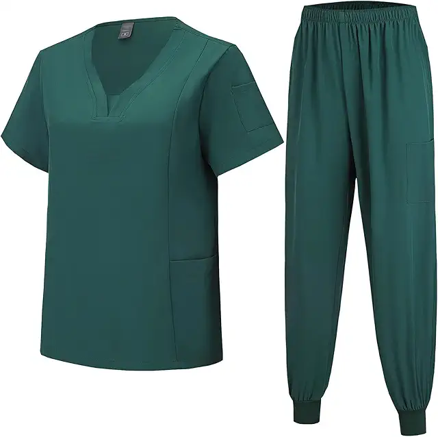 Green Scrub Medical Uniform Set with V-Neck Top & Tapered Pants