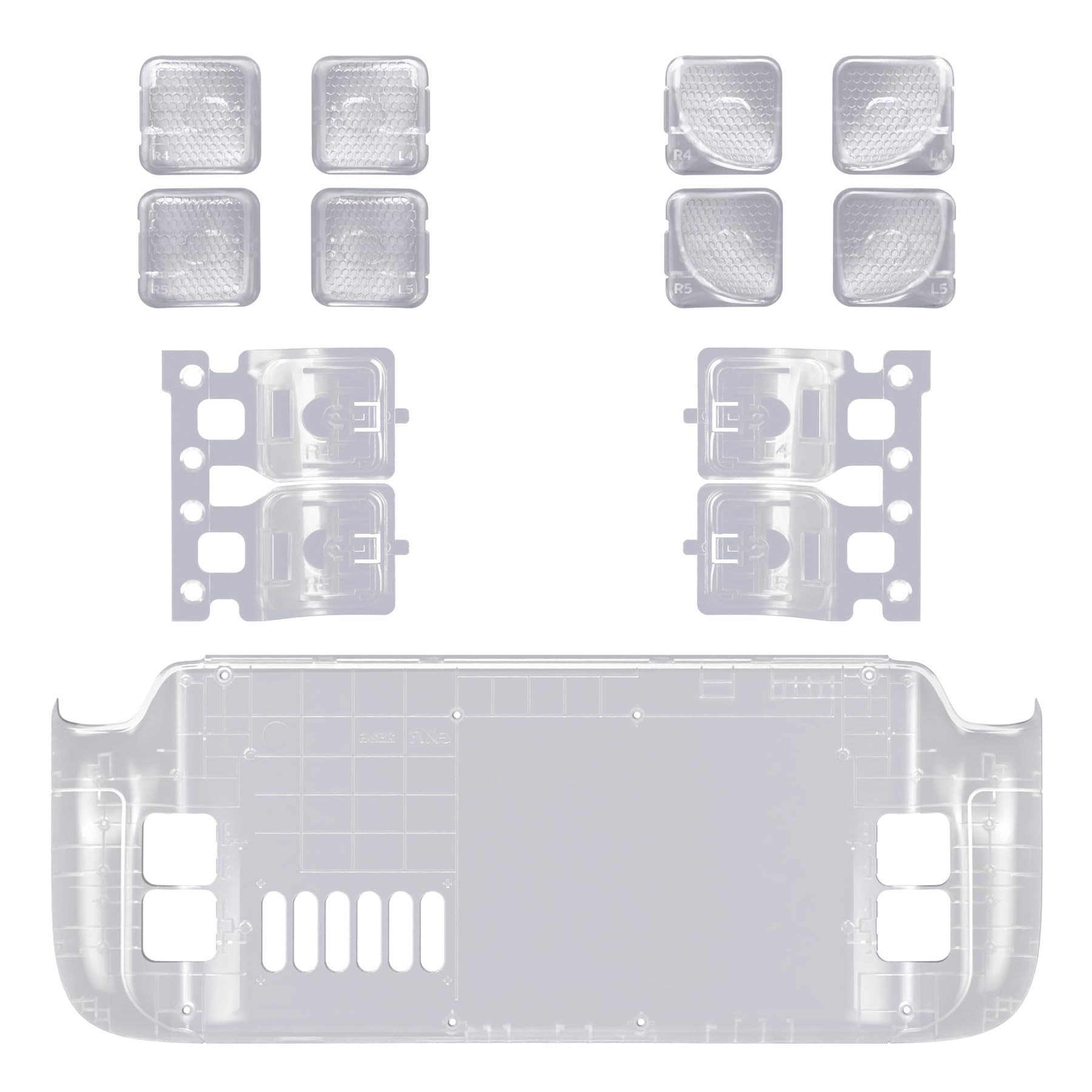 eXtremeRate 8pcs Boutons Interchangeable avec Coque Arrière pour Steam Deck LCD & OLED,Kit d'Accessoires pour Steam Deck Console Back Buttons – Transparent