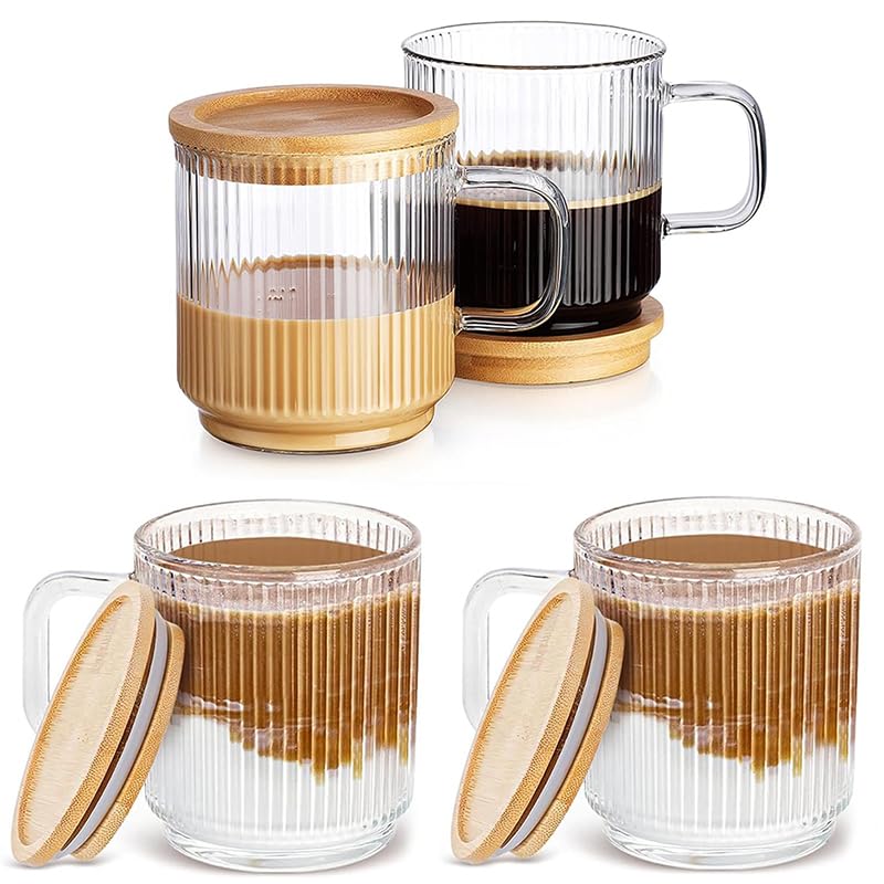 YumLock 4-Pack 330ml Glass Iced Coffee Mugs with Lids - Vintage Ribbed Glassware Set - Durable Borosilicate Coffee Cups for Cappuccino, Latte, Tea - Gift-Worthy Home & Office Essentials