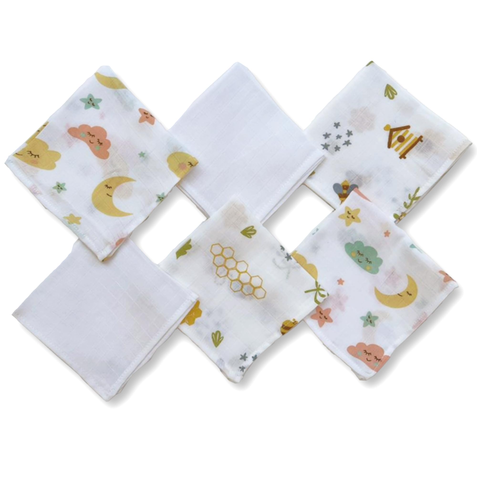 PROFAB Organic Cotton Face Towels/Hankies for Newborn Baby Muslin Wash Cloth Reusable Napkins Ideal for Infants,Toddlers, Pack of 6 (Cloud, White & Beehive)-image-17