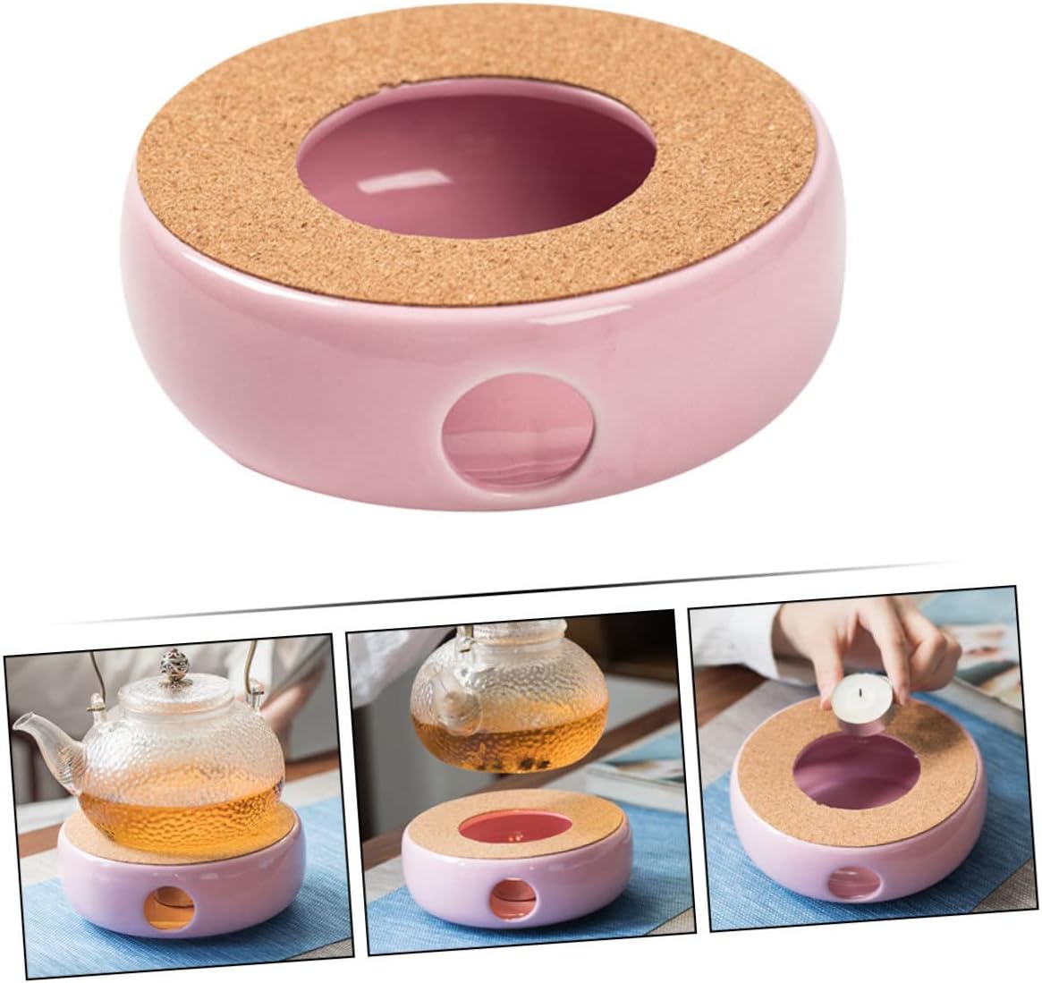 Cabilock Ceramic Teapot Warmer Base Pink Resistant Tea Stove for Glass and Ceramic Pots Convenient Heating Stand with Candle Holder for Tea Preservation and Warming