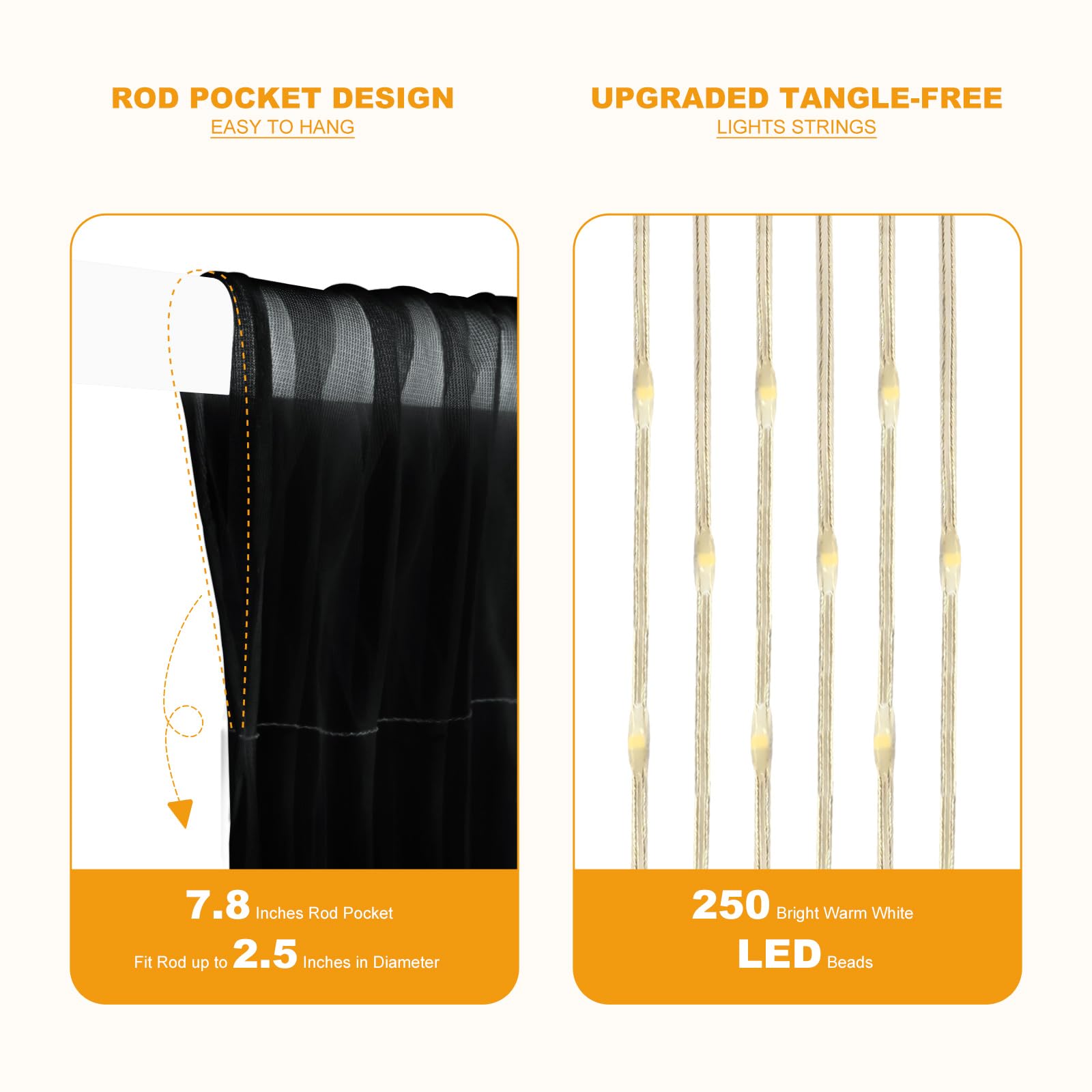 Rideau en tulle avec guirlandes lumineuses pour fêtes, rideaux transparents infroissables pour mariage, Halloween, fête prénatale, fête prénuptiale, anniversaire, danse, décoration d'intérieur
