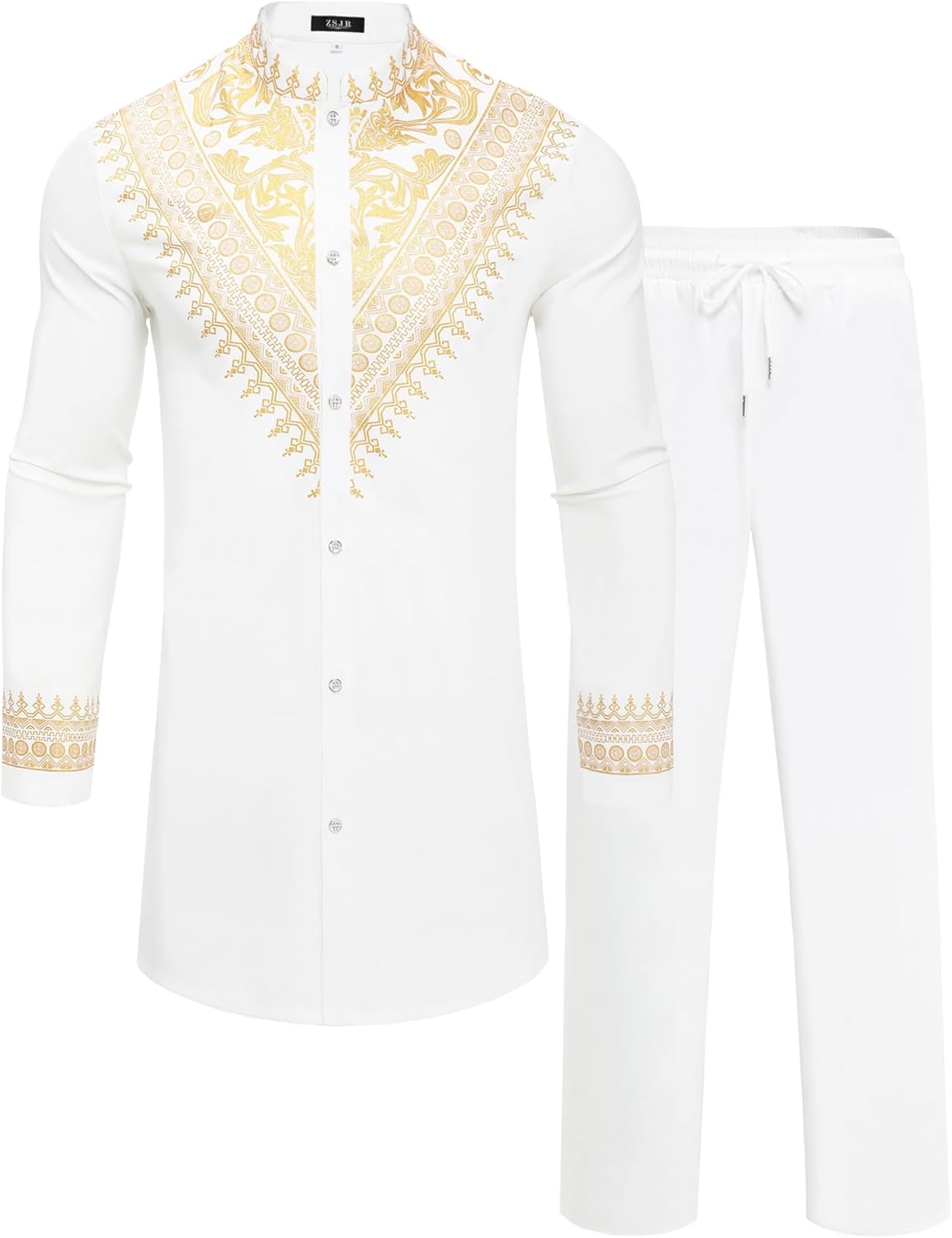 Mens African 2 Piece Set Metallic Traditional Suit Gold Stamp Printed African Dashiki Shirt and Pants Outfit