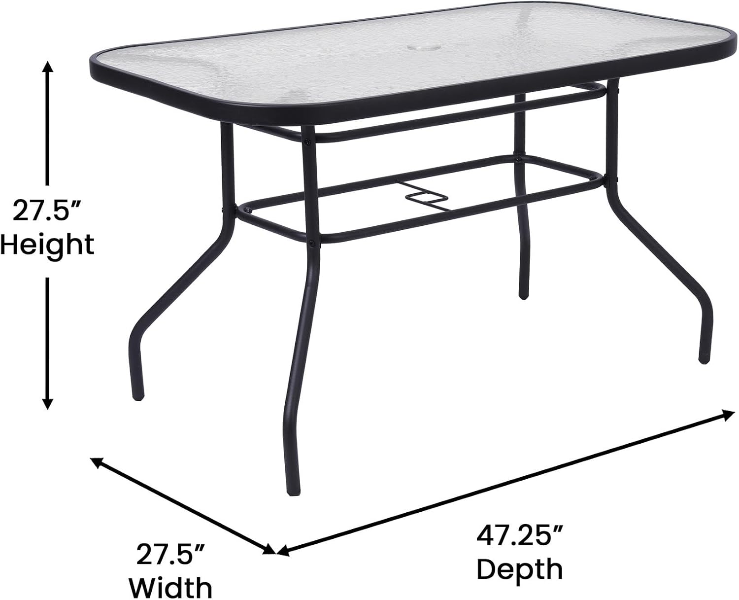 Flash Furniture Lila Commercial 5-Piece Outdoor Dining Set, Tempered Glass Patio Table with Umbrella Hole, 4 Triple Slat Chairs, 47", Black