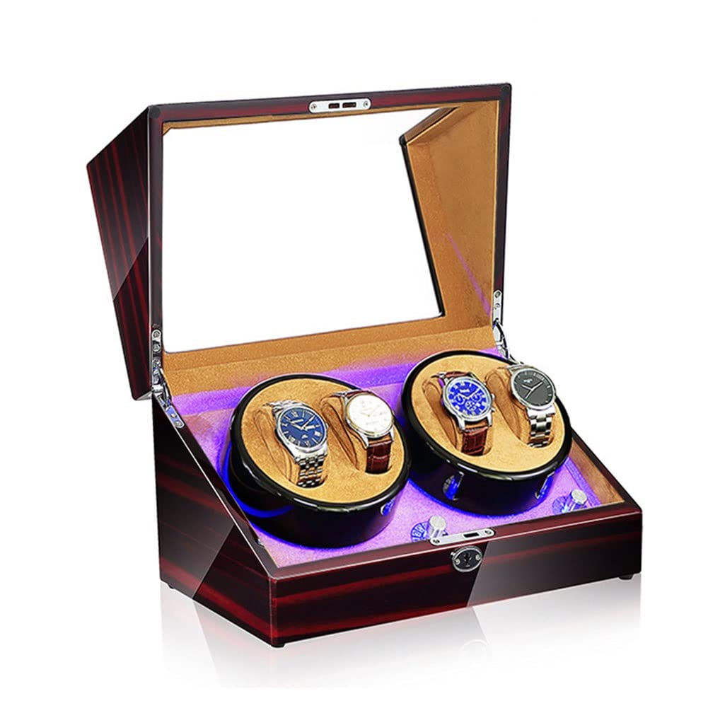 CGCSYZ 4 Watch Winders For Automatic Watches With Quiet Motor Automatic Watch Winder Box For Men's And Women's Watches 5 Rotation Modes LED Lights MDF And Piano Paint Velvet Pillow (Brown)
