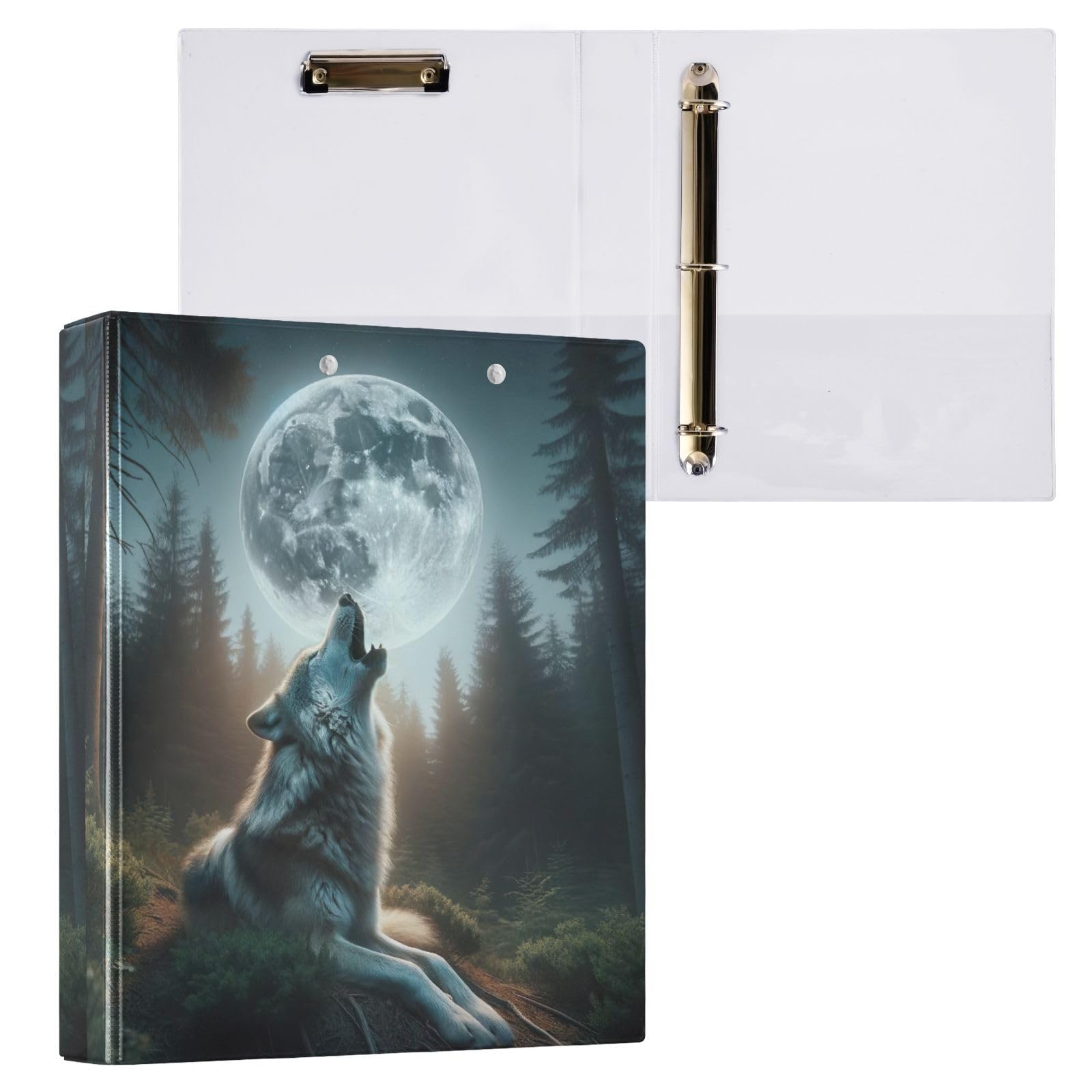 Raccoglitore a 3 anelli stampato, 3,8 cm, raccoglitore ad anelli a D con tasche, raccoglitore decorativo per scuola, università o ufficio, lupo ululante luna