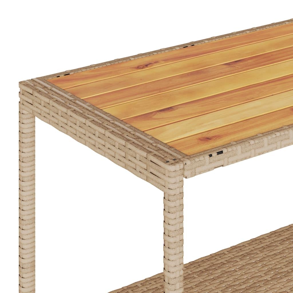 Carrito de bar con 3 baldas de ratán sintético beige y madera maciza de acacia, robusto carrito de servicio con estructura de acero y 4 ruedas para interior y exterior, ideal como carrito de
