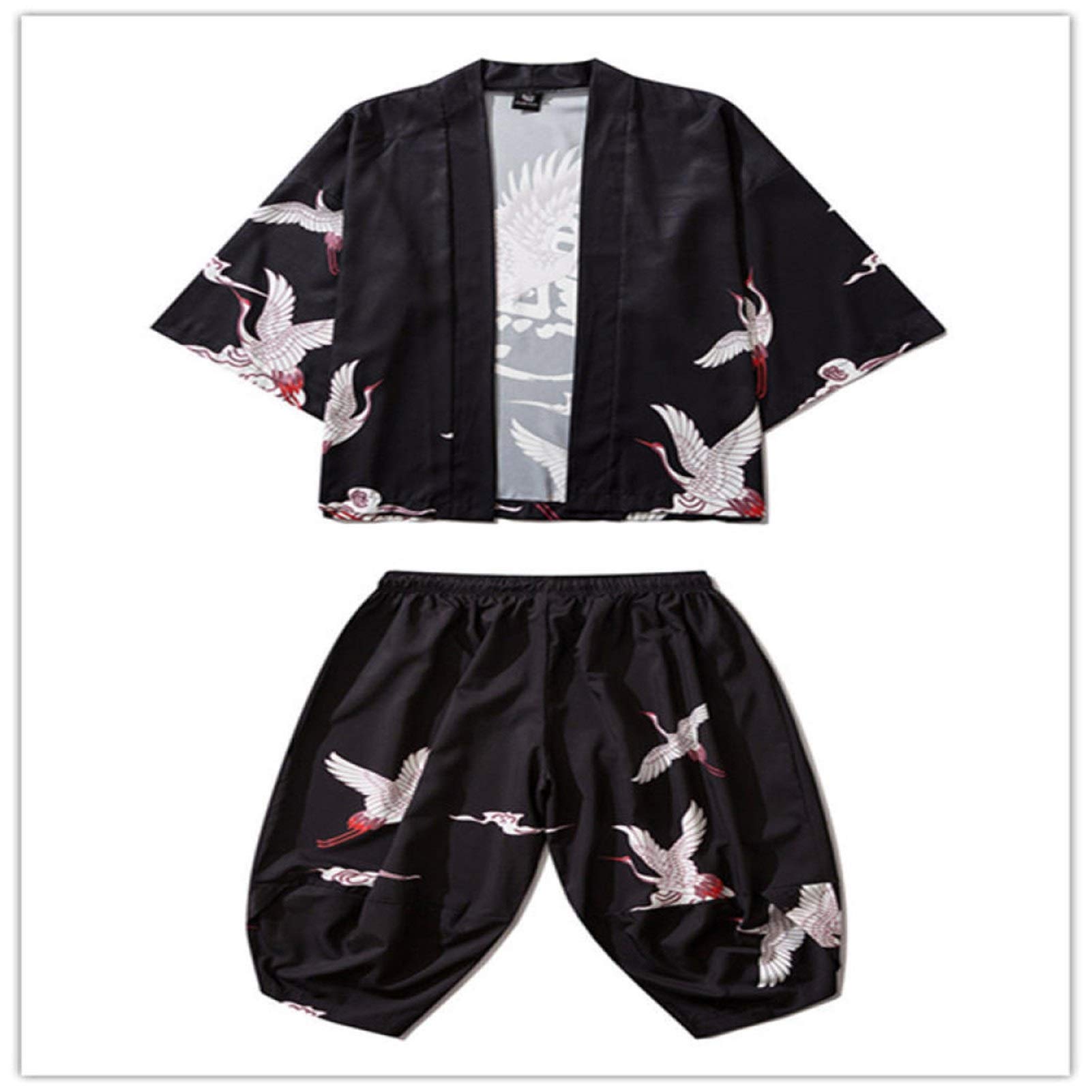 Spring And Autumn New Japanese Tide Brand Ukiyo-e Crane Road Gown Three-quarter Sleeves Loose Hanfu Two-piece Suit-Black Set Zhaozb (Color : Black set, Size : XXXL)